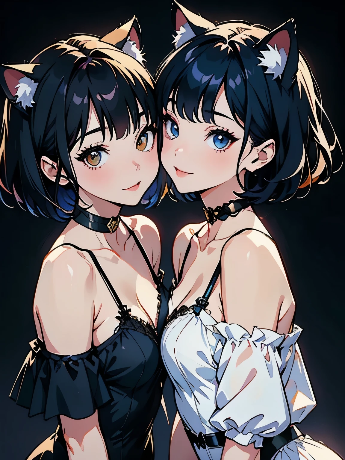 ( two girls :1.2)、whole body、( Gothic World Tea Party :1.2)、( gothic fashion :1.2)、( they're kissing each other )、 ( depict cute faces in detail )、 black hair、 short hair while on a business trip、 semi-long、 bob cut、 bangs、 hair ornament 、(Cat ears)、 black cat costume、 White cat costume 、 choker 、( lingerie)、 off shoulder 、 sexy mini dress、, , , charming smile、 small breasts、 soft focus、 cinematic lights 、Soft light、 ( simple background)、( dark background )、(( Use a plain background ))、4K Anime Art、( best quality , Masterpiece, high resolution)、