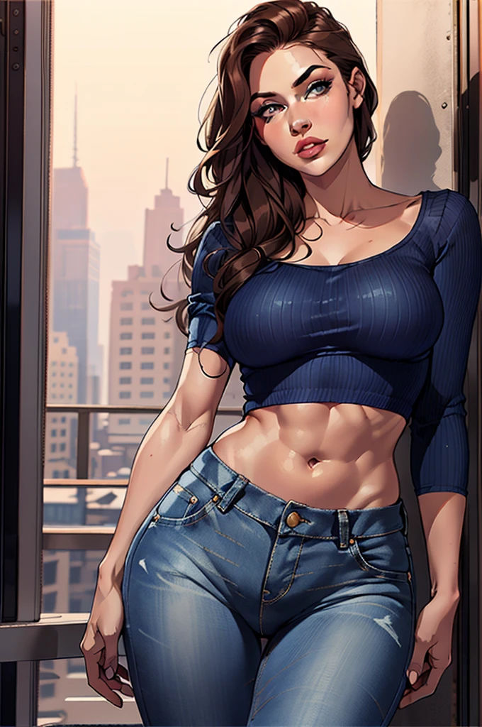 ((Midnight, Best quality, 8k, Masterpiece :1.3)), Whole body, Long legs, Sharp focus :1.2, A pretty woman with perfect figure :1.4, Slender abs :1.1, ((Dark brown hair, Big breasts :1.2)), (White tight tshirt, Jean bib, Standing:1.2), ((Night city view, Rooftop:1.3)), Highly detailed face and skin texture, Detailed eyes, Double eyelid