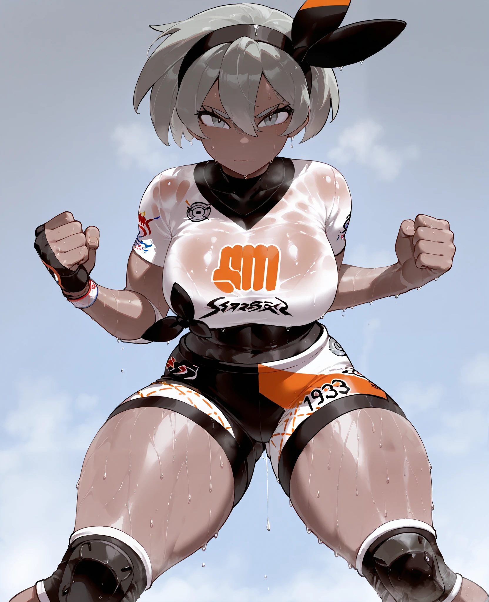 masterpiece, best quality, amazing quality, 1girl, Bea (Pokemon), large breasts, thick thighs, sweaty, steam, soaked clothes, dripping, looking at viewer, knee pads, shorts, shirt, bodysuit, battle stance, dripping sweat,
