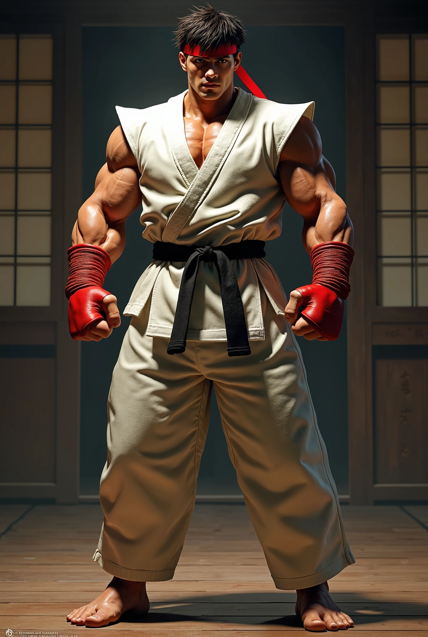 sexy mature daddy, tanned-skin, big bulge, darker skin, stubble, muscular, best quality, masterpiece, super high resolution, detailed background, realism, illustrations, single, 1 boy, torii, muscle, volumetric lighting, depth of field, facial hair, ryu, white clothes, black belt, light particles, massive bulge, starry sky, martial artist, sweating, short hair, perfect eyes, bare feet, naked body