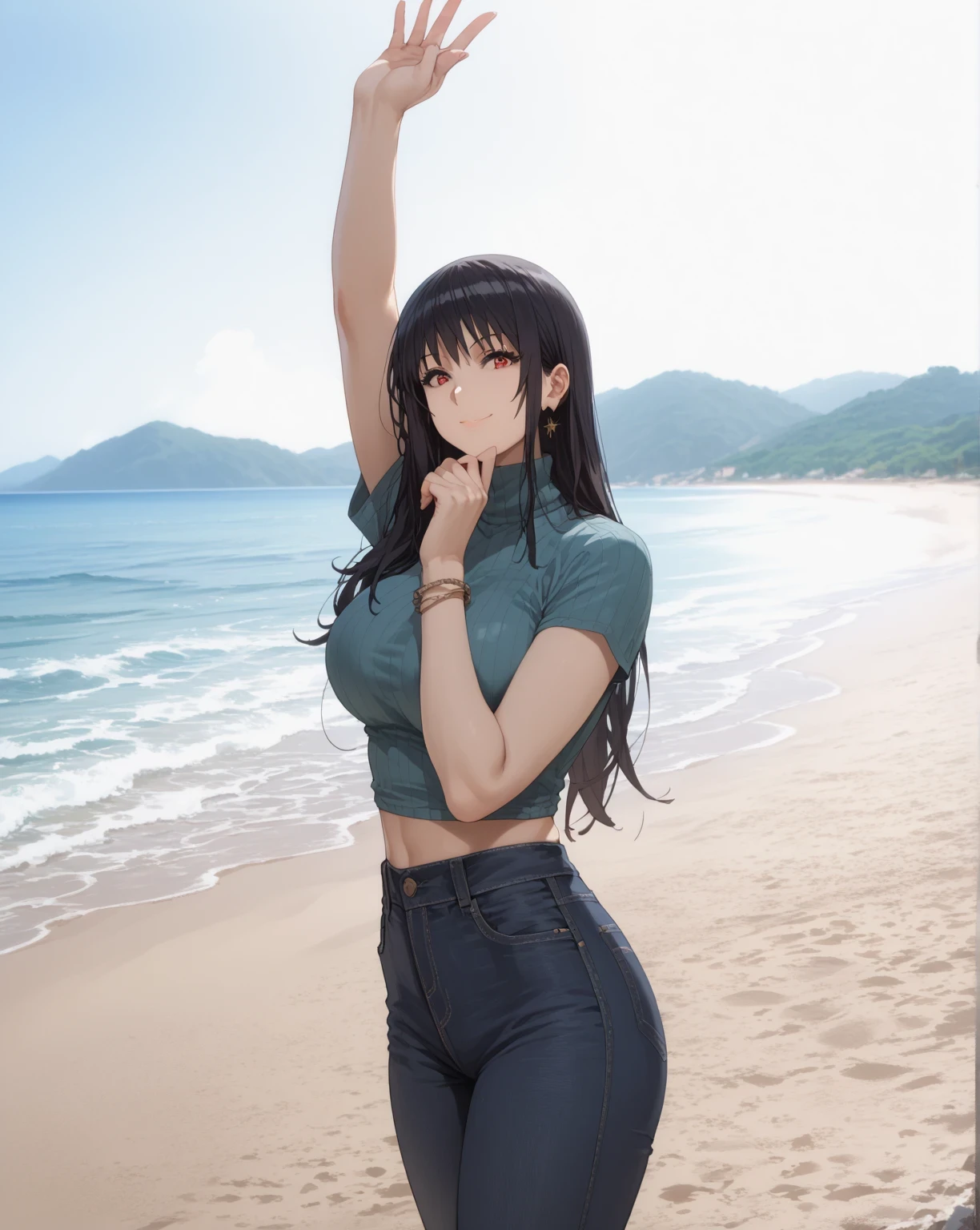 Source anime, Tall girl,score_9, score_8_up, score_7_up, score_6_up, uncensored, claire kagenou, long hair, black hair, red eyes, huge breast,thighs, 1girl, solo, denim, long_hair, pants, jeans, outdoors, black_hair, arm_up, day, short_sleeves, beach, shirt, midriff_peek, turtleneck, hand_up, sky, jewelry, smile, water, closed_mouth, sand, bangs, midriff, standing, black_pants, ocean