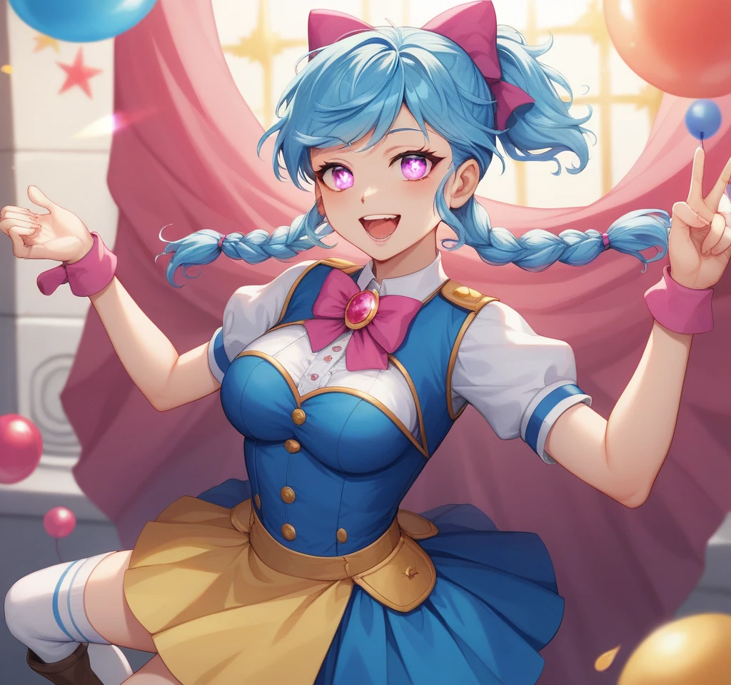 1 , Alone, hair with locks , light blue hair, Short hair with two high front braids , medium hair, hair loose at the back , Open mouth, Teeth, happy/happy, glowing pupils , Teeth caninos, multicolored eyes , purple eyes, pink eyes, Illustration , High resolution, Anatomically Correct, best quality, high quality,
Ravi is a young mixed-race girl with a charming and imposing appearance , despite her short stature . Her fair skin contrasts beautifully with her vibrant blue hair , which are long and flowing , fastened in two elegant braids that fall over her shoulders . A fringe curtain frames her youthful face , highlighting her round and pink eyes , shiny as rubellites .
Her subtle smile often reveals a natural confidence , while her straight and well-defined eyebrows reinforce her determination . Despite her small and slender physique , Ravi is a fierce warrior , with a force that defies your delicate appearance .
She wears a costume with charming and practical details : a tight blue shirt with a white collar and a magenta bow tie , adorned by a golden sun-shaped brooch . Her short blue skirt is complemented by a yellow band tied at the waist, adding a vibrant touch to her figure . White socks and sturdy brown boots , made to withstand combat , complete her outfit .
The most notable item is her imposing double-bladed axe ,
Bottom: Castle party room .