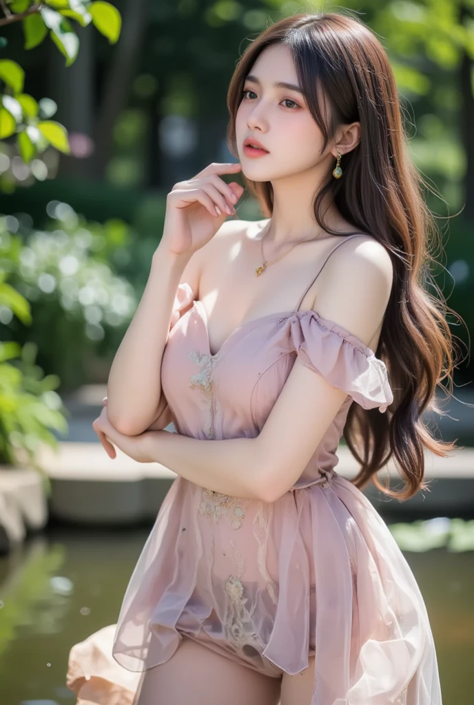 Sweet girl clothes9,yellow dress,, ((best quality, 8k, masterpiece: 1.3)), ((knee shot)), sexy的亚洲女模特, blush, (seduct smile: 0.8), hair accessories, necklace, Jia, Tyndall effect, actual, light edge, Two-tone lighting, 8k ultra hd, SLR camera, high quality, Volumetric lighting, sneak peek, photo, high resolution, 4K, 8k, background bokeh, earrings, 35mm, High detail hair, broken to pieces, portrait, Ultra-clear face, (lakeside, grassland), slim and beautiful, sexy, slender legs, (long hair casual, :1.2), The face is super delicate, exquisite eyes, double eyelids, necklaces, earrings, light and shadow, high detail light and shadow, (flowers, peony, Rose)