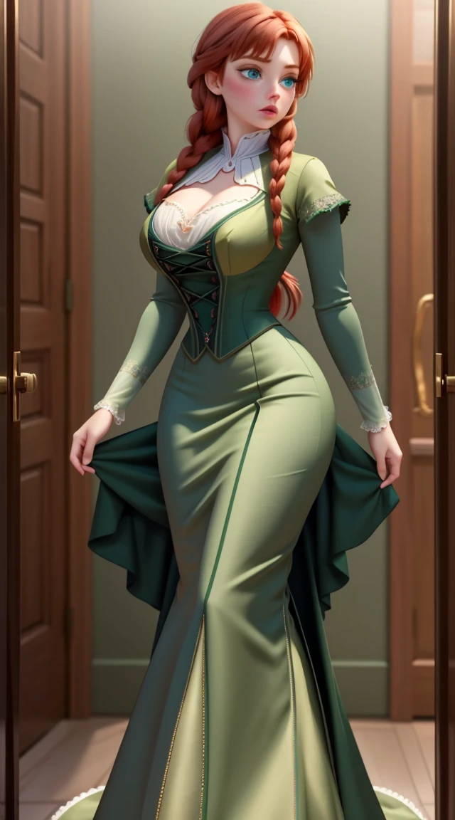 woman in a long green dress, crimson hair, corset, leg slit