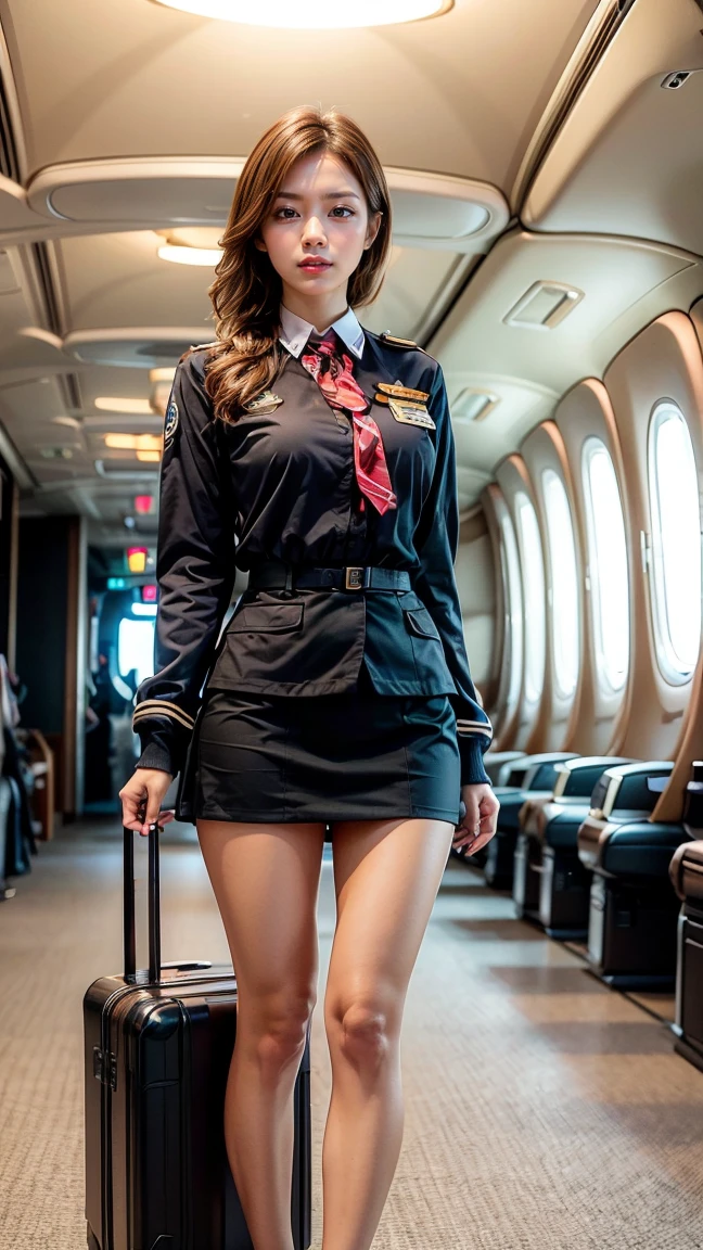 Top Quality, Masterpiece, 8K, Ultra High Definition, (Photorealistic: 1.4), 1 Girl, Beautiful Face, Symmetrical Eyes, Big, Perfect Body Proportions, Stewardess Uniform, Viewer's Look, (Inside the Airplane: 1.2), Front View, Shoulder Jump, Absolute Area (1.3),