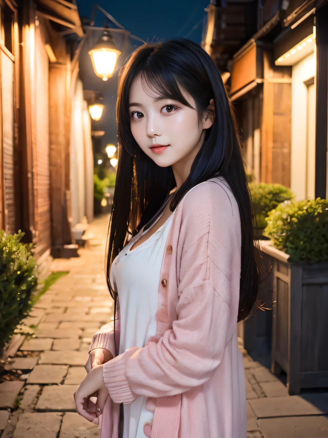 
A woman with long black hair, wearing a dress and a cardigan, looking pure, cute, and beautiful. The background is an evening scene with a serene body of water and street lamps lining a pathway, creating a tranquil and contemplative atmosphere. The sky is a gradient of pastel hues, transitioning from a soft pink to a light orange.
