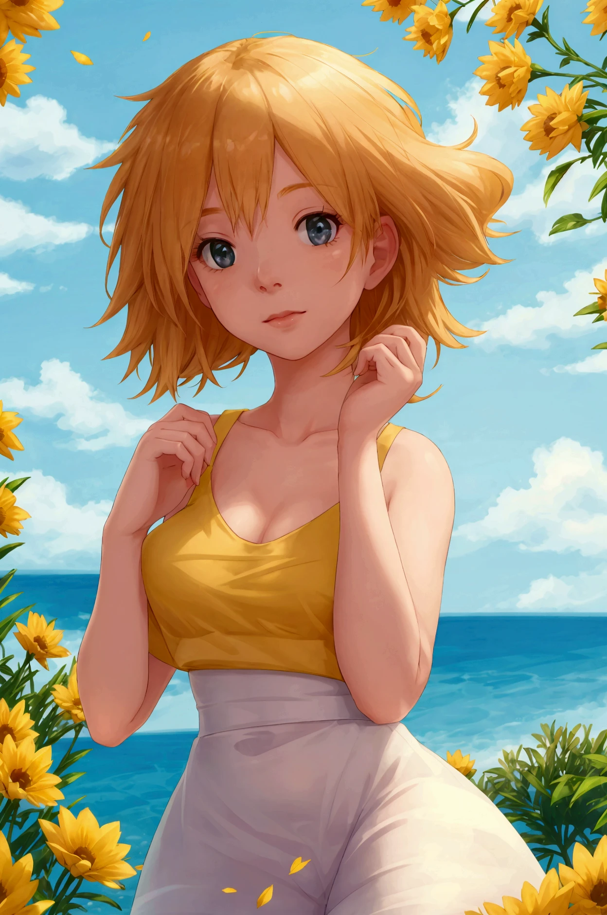Masterpiece, top quality, ultra high definition CG: 8K wallpaper, summer, hot, beautiful girl, beautiful proportions, lolita, slender, short stature, sweat, embarrassed, red eyes, yellow hair, short hair, red school swimsuit, sweat, girl, hands hide, clouds, twilight. )