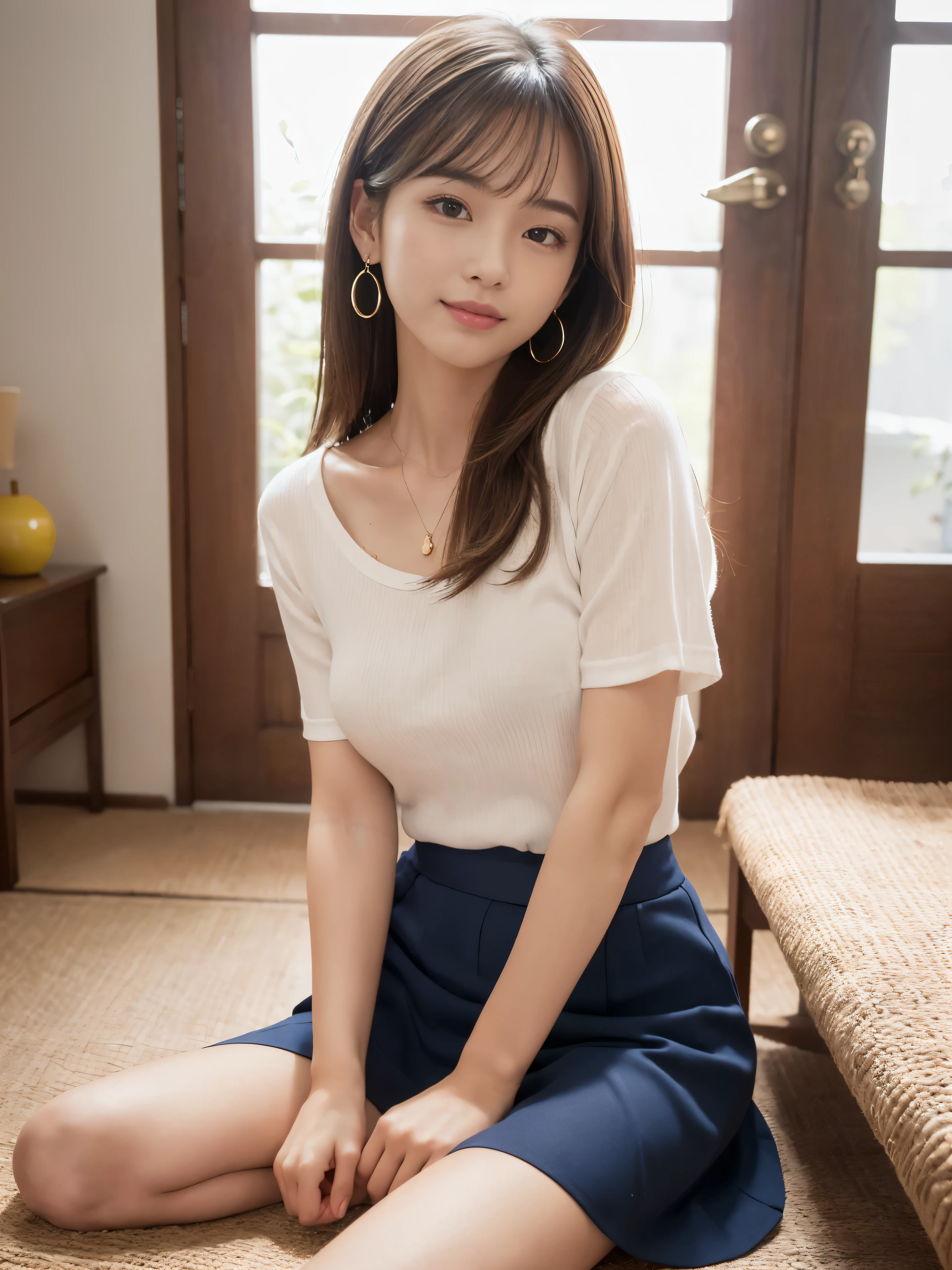(cute japanese girl), in the bedroom, sexy 18 year old girl, slender body, thin chest, skirt, blouse, thin thighs, fashionable hairstyles, laughter,
