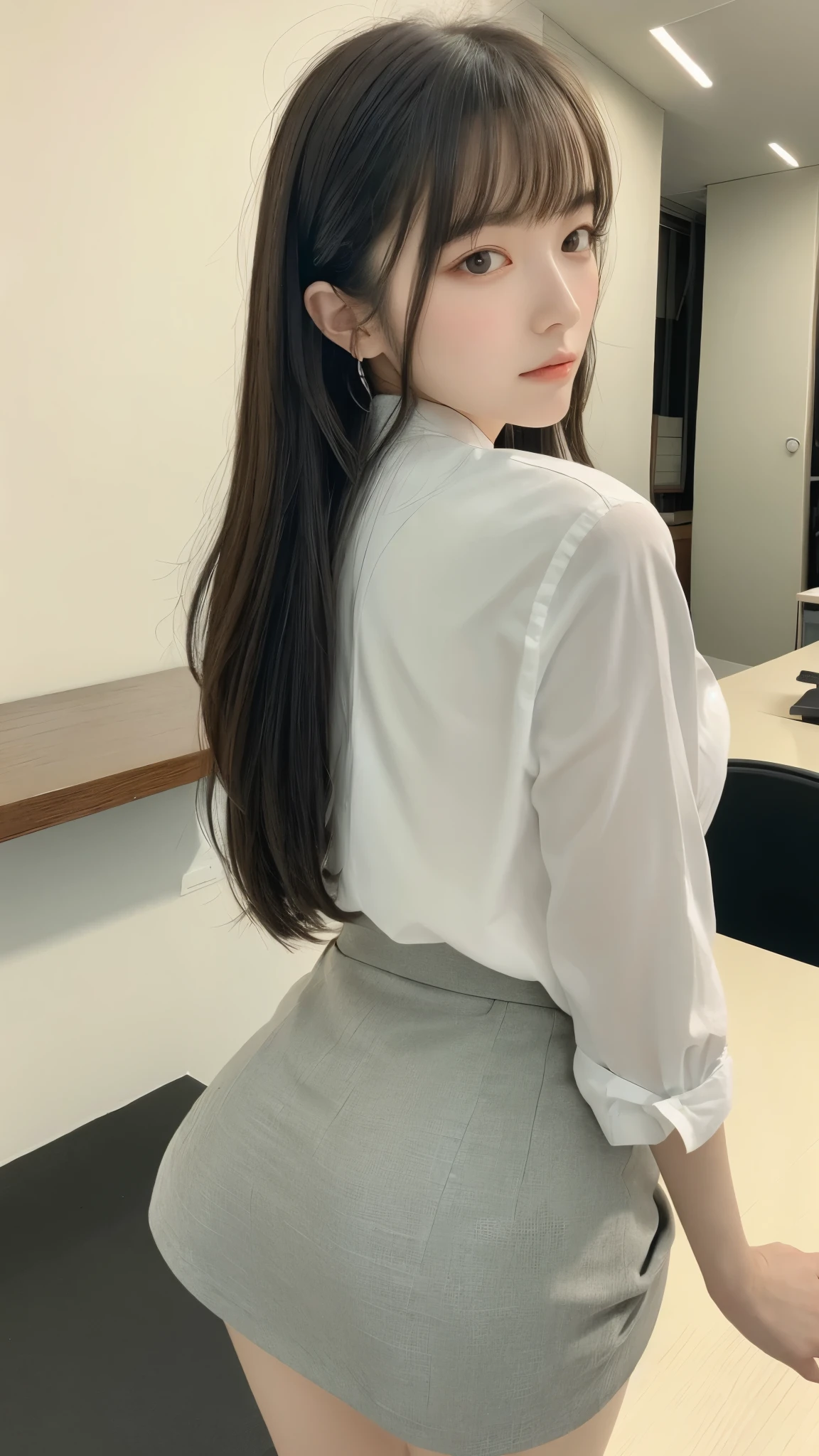 ((最 High Quality , 8k, masterpiece :1.3)), (( Super Big Breasts )), (((whole body)))、 black hair,OL、((secretary))、Office Background、Backwards、 standing、 dull bangs, hair behind the ear, shoulders with chocolate, long hair, Ultra Fine Face, Thin face, Delicate lips, beautiful eyes, Light blush,Perfect glowing skin, perfect skin,Perfect Legs、 Shining Sweat, see here, white Y shirt、 black skirt 、No accessories、View angle from behind, Super Details , High Quality , 最 High Quality , high resolution