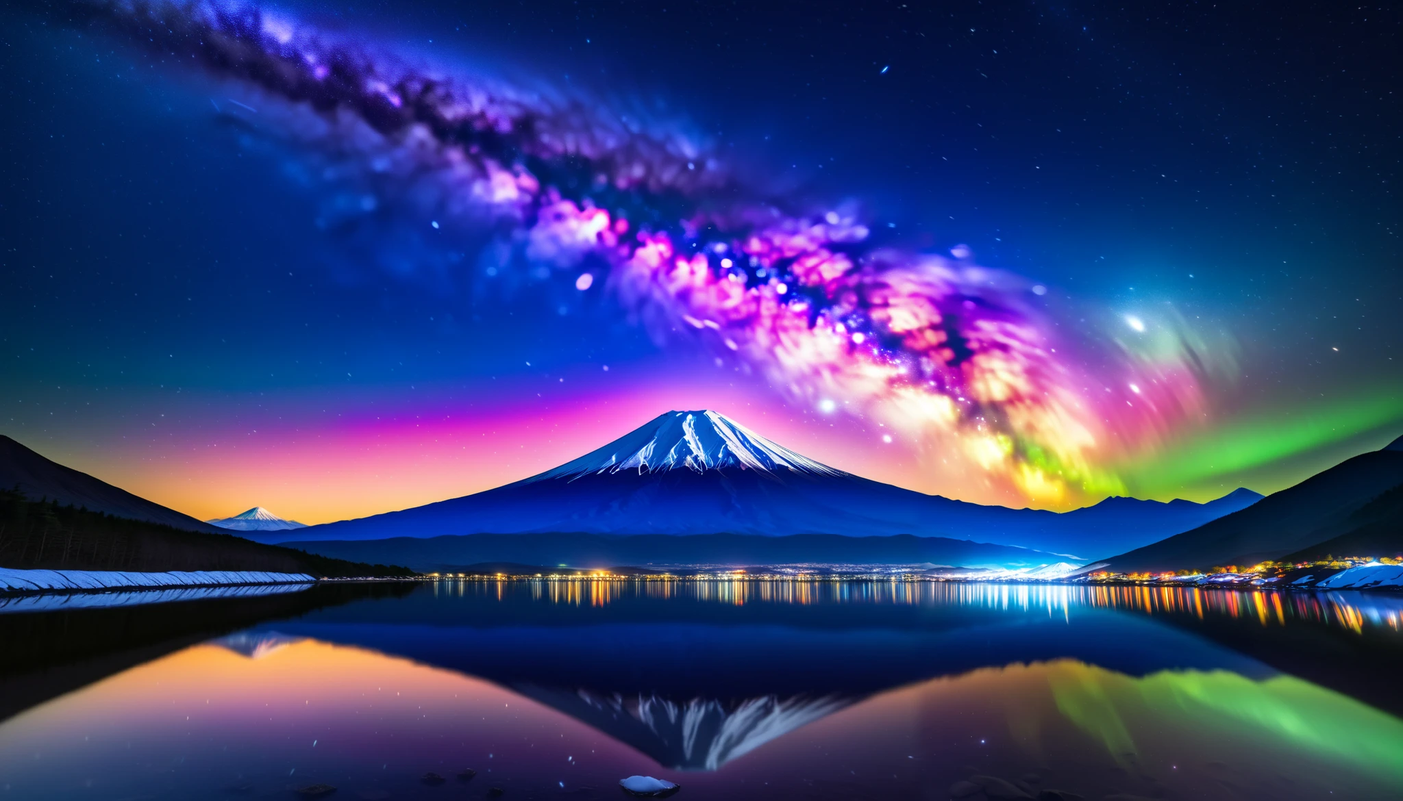 in ultra high quality, high definition , High Quality ,Spectacular views, the giant and realistic Milky Way galaxy that dazzles the night sky , sky full of stars,(The giant Mt. Fuji up),An unbelievable number of stars々The brilliance,(A majestic, bright Milky Way star on a vast glacier々and the auroras shine are reflected )、(( the huge Mt. Fuji that rises in the center )),((The huge and majestic Mt. Fuji))、The glacier extends to the horizon 、 Jagged ice layers and snow-covered mountain peaks 、 reflects the colorful light above 。 BREAK The stars twinkle in the dark and clear sky 、 The surrounding landscape is wrapped in the surreal glow of the Milky Way 、 creates a mysterious atmosphere 。 BREAK The cool and clear air adds color to the landscape 、 snow shines in the milky way and the gentle light of auroras、 The frozen wilderness is so calm that it seems unbelievable。An unbelievable amount of stars々,I can see lots of meteor showers ,