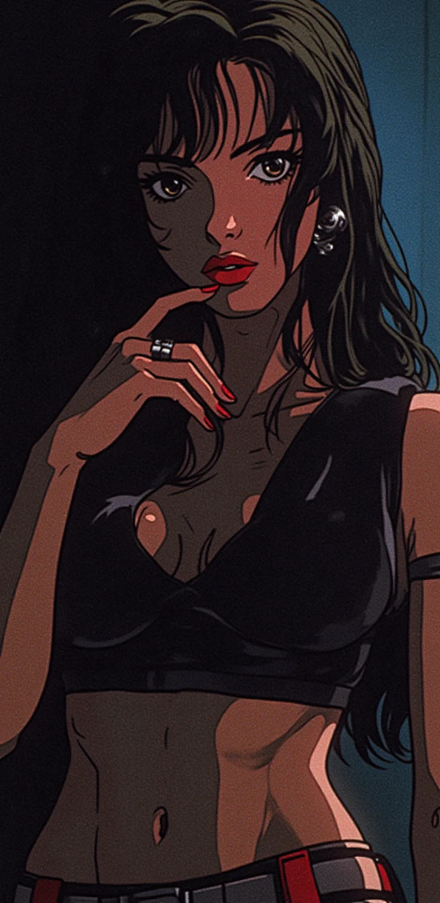 score_9, score_8, score_7,A stunning illustration ((Patrick Nagel Style)) dark-haired goddess, dressed in 1980s womens fashion, open jacket, open shirt orange, a beauty pinup art style, graphic design, flat colours,  white skin no shadows, 2 or 3 colour palette, background 1 flat colour. Portrait Style. 