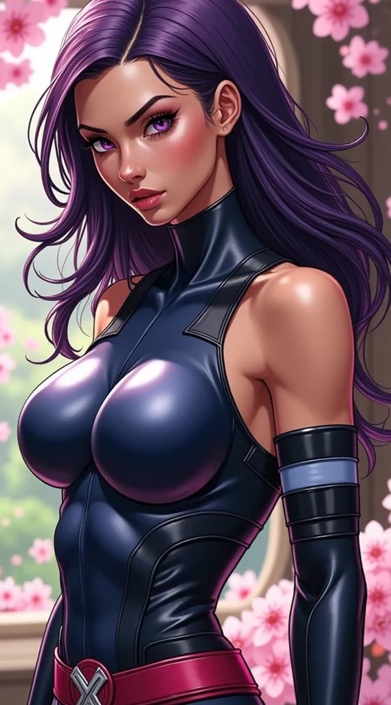 ( masterpiece, ultra-detailed , envelopes, Clear focus, shadow, anime-style, ultra high resolution , 8K, perfect anatomy , Perfect face, (cara detallada), ( Detailed eye ), score_9, score_8_above, score_7_above, source _animated, Big breast girl . Psylocke from Marvel comics in anime or manga format , in a garden with cherry trees . She has long dark violet hair , with purple reflections and a slightly disheveled style . Her expression is serious , perhaps slightly challenging or thoughtful . Her eyes are a deep purple color . Her skin is tanned and looks like a soft glow , highlighted by the light that apparently illuminates it from the top .
She wears a suit tight to the dark blue body , } with a glossy finish that suggests a material such as leather or a similar synthetic fabric , that covers a large part of his torso and part of his legs . The suit is sleeveless and has details on the arms in black that resemble armrests or protectors . A girdle or belt in rosy red , with a metallic ornament with an X , adorns her waist . He wears bright-looking black tights or leggings . On his legs there is also a light blue band .
In the environment you can see a green garden with cherry trees and cherry blossoms falling around it..
