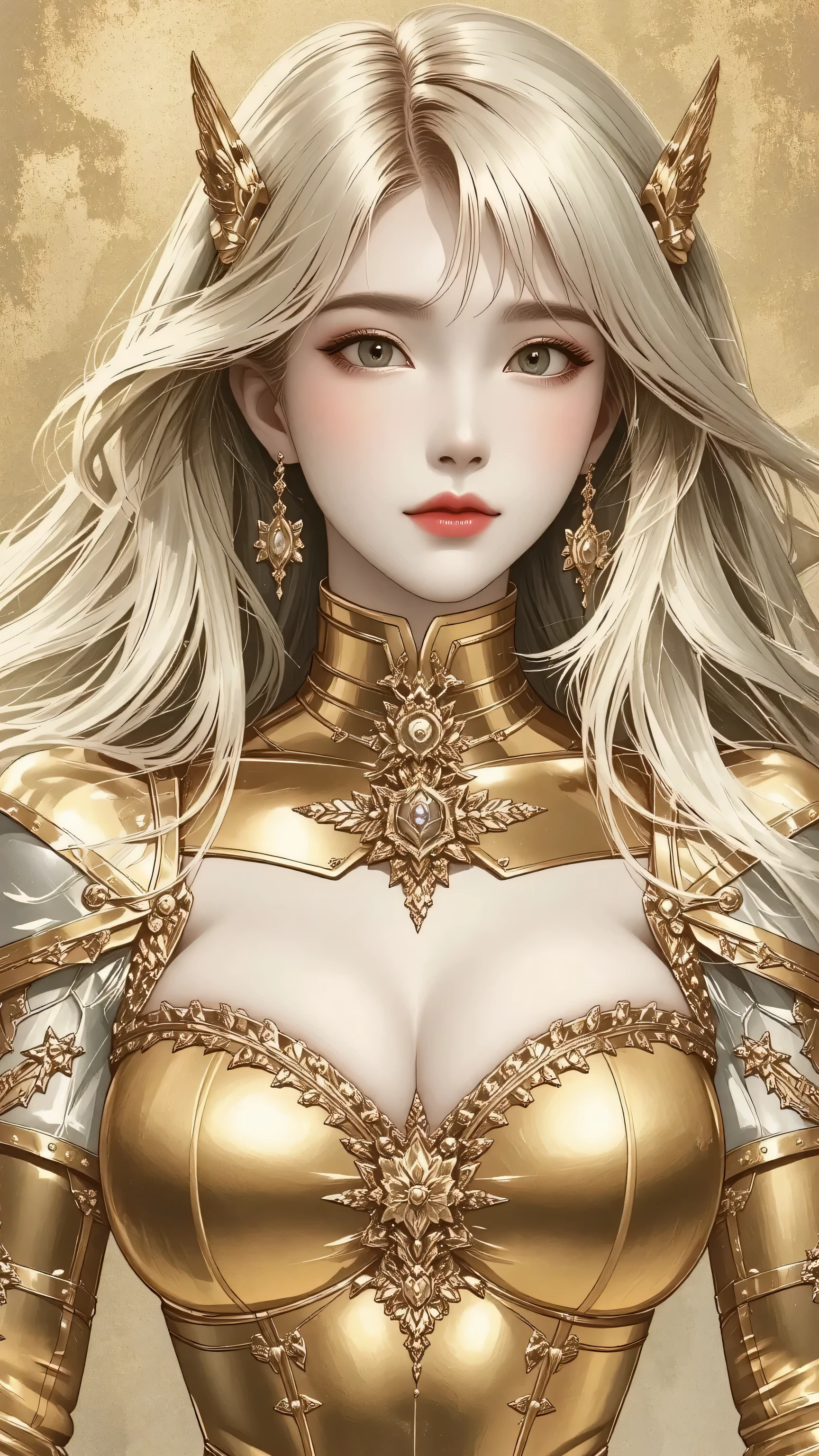 ((best quality)), ((masterpiece)), (detailed), perfect face of cyberpunk mecha japanese girl, shiny gold eyes, shiny gold body, shiny gold hair, ((monochromatic metallic gold color palette)), surreal, art nouveau, in the illustrative style of moebius, spaceships, aliens, fantasy, sci-fi, graphic novel, line drawing, french retro, bizarre, gallery worthy, work of uncanny art, huge breasts, ((cleavage)),