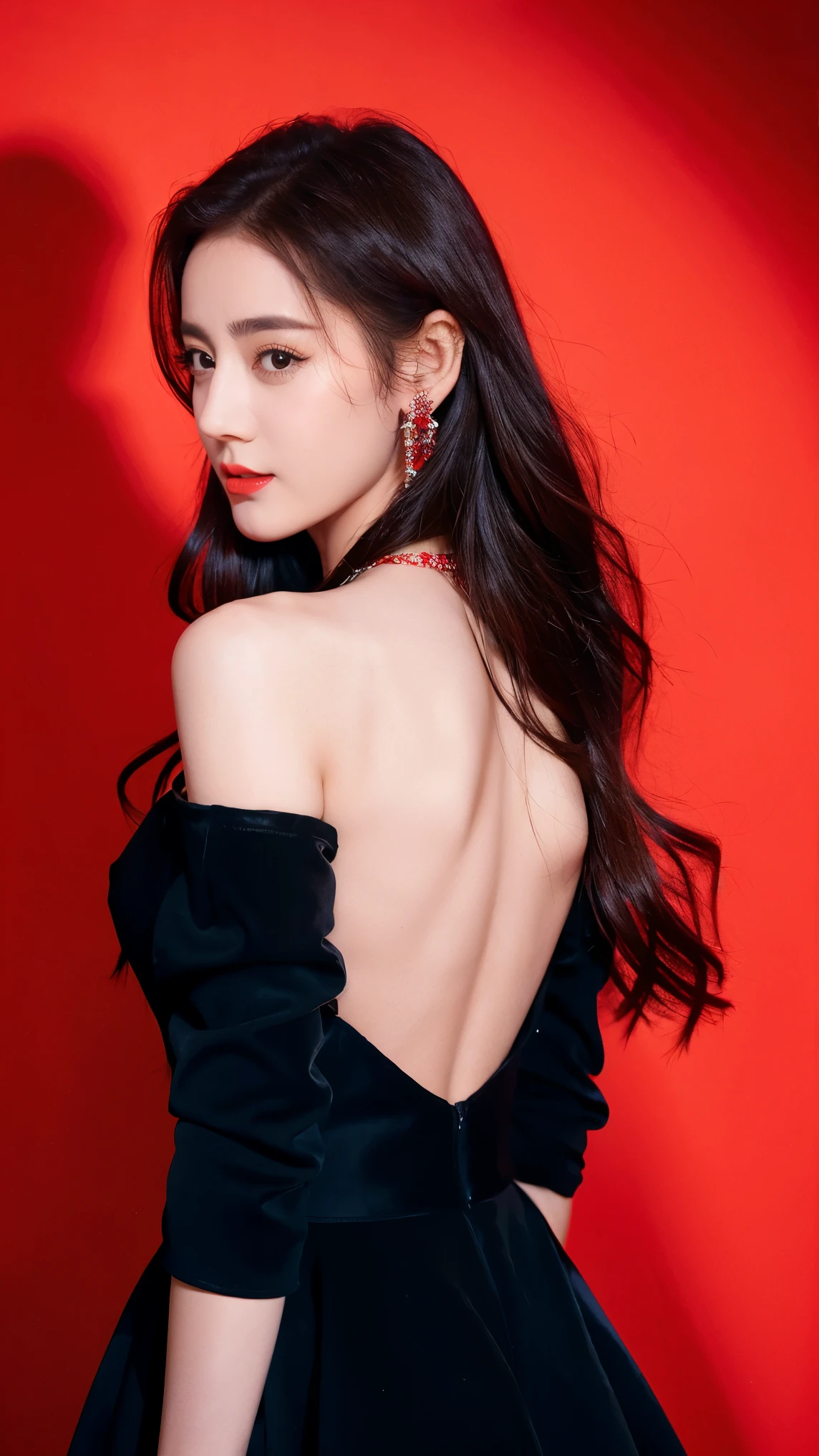 Ultra HD resolution,art photography,photography,21-year-old girl,earring,long hair,black background,Black backless dress,necklace,Cowboy Shot,H Cup,show cleavage,Revealing more breasts,Incredible chest size,Erect nipples,Open the arena area,Breasts get bigger,The back is smooth and beautiful.,The back is completely bare.,Cold skin whitening,Big butt,Clothes made from Thai silk, Thai dress, full body,