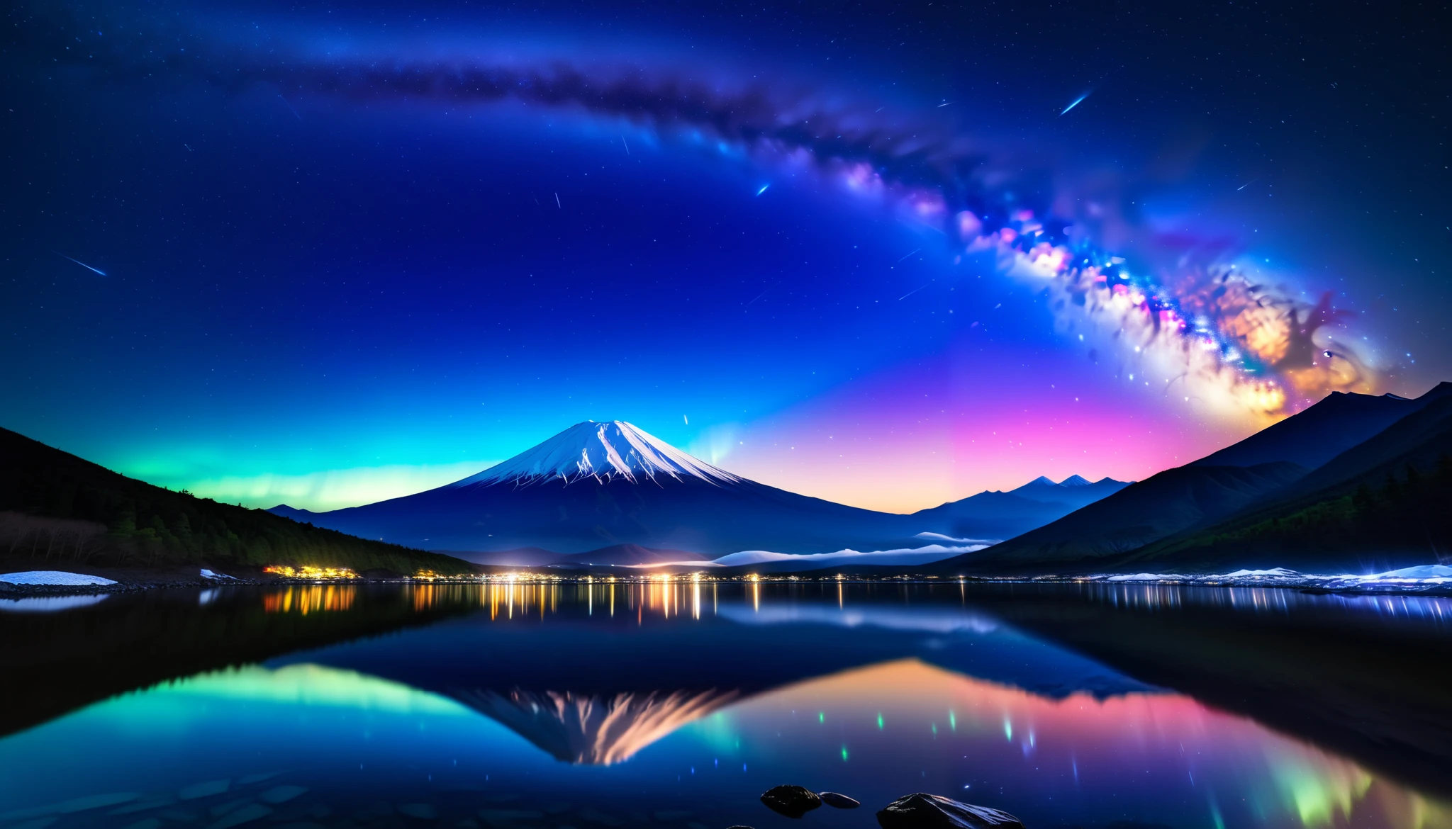 in ultra high quality, high definition , High Quality ,Spectacular views, the giant and realistic Milky Way galaxy that dazzles the night sky , sky full of stars,(The giant Mt. Fuji up),An unbelievable number of stars々The brilliance,(A majestic, bright Milky Way star on a vast glacier々and the auroras shine are reflected )、(( the huge Mt. Fuji that rises in the center )),((The huge and majestic Mt. Fuji))、The glacier extends to the horizon 、 Jagged ice layers and snow-covered mountain peaks 、 reflects the colorful light above 。 BREAK The stars twinkle in the dark and clear sky 、 The surrounding landscape is wrapped in the surreal glow of the Milky Way 、 creates a mysterious atmosphere 。 BREAK The cool and clear air adds color to the landscape 、 snow shines in the milky way and the gentle light of auroras、 The frozen wilderness is so calm that it seems unbelievable。An unbelievable amount of stars々,I can see lots of meteor showers ,