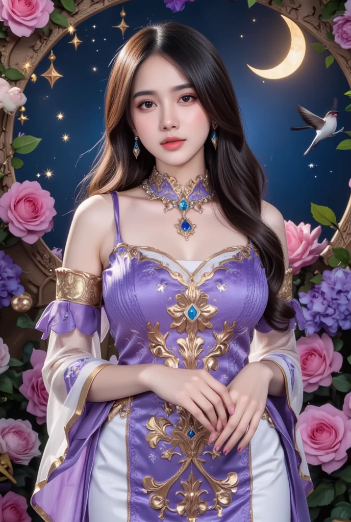 (masterpiece:1.4), (best quality:1.4), ultra high res, ultra high resolution, ((detailed facial features)), HDR, (realistic, photorealistic, photo-realistic:1.37), full body Esbian, sexy Vietnamese model, (-anime), only 1 model, vivid colors, ((vivid colors multicolor (fuchsia, pink, light blue, purple) very short hair)), (seductive smile), lip-gloss, long lashes, defined eyebrows, wearing large sparkling colorful jewelery, wearing a red silk Paradise Kiss cosplay dress with black floral embroidery, ((vivid colors outfit)), vivid colors, look at the camera, cinematic light, large park background with trees, sweet and sexy pose