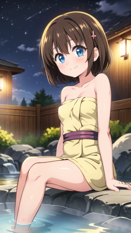 Un hermoso y detallado retrato de personaje de Ochako, brown-hair, sonrisa, solo, sombreado, night, sentarse, bed, desnudo, breasts, belly, house, nude, bathing, bath, armpits, brown eyes