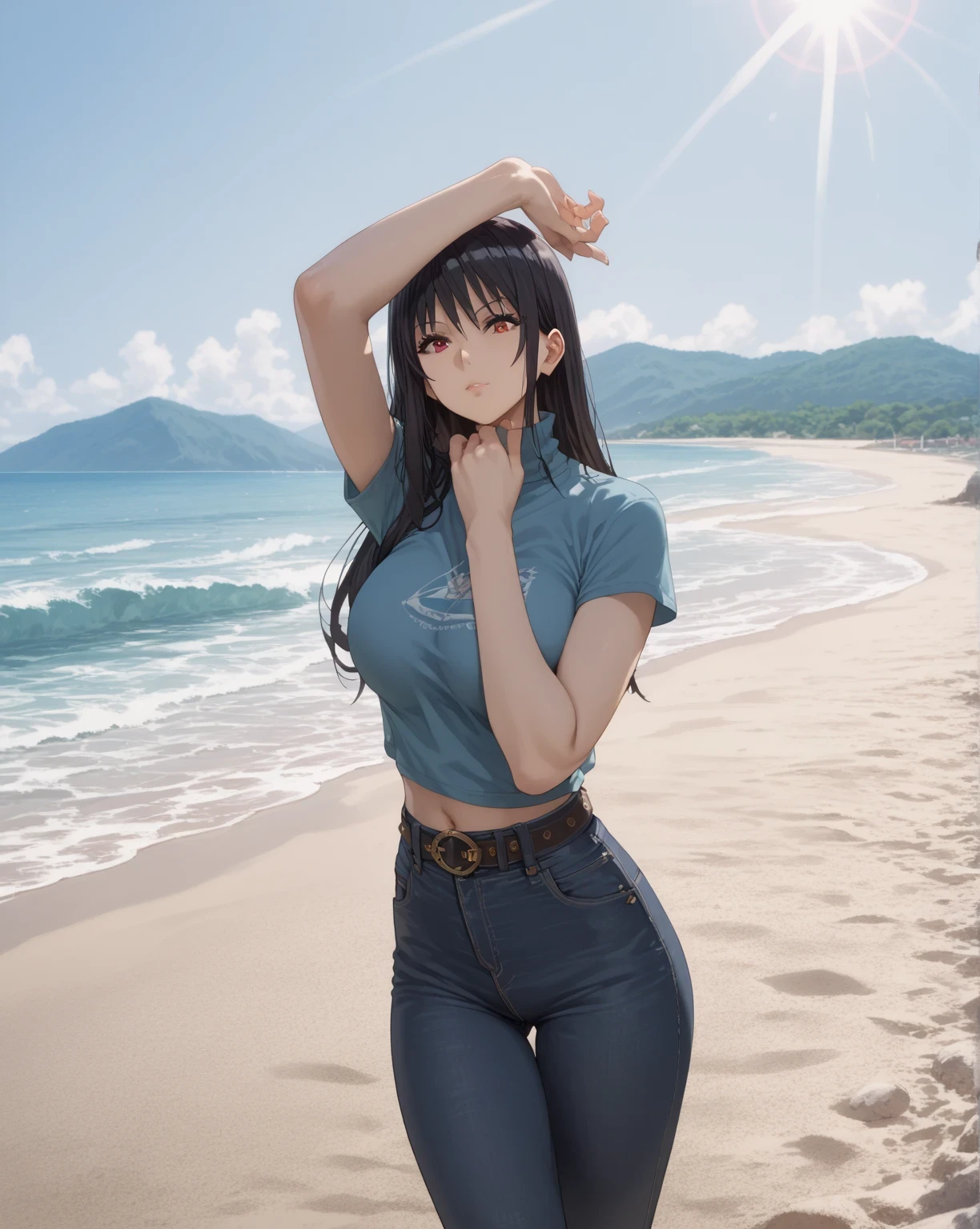 Source anime, Tall girl,score_9, score_8_up, score_7_up, score_6_up, uncensored, claire kagenou, long hair, black hair, red eyes, huge breast,thighs, 1girl, denim, jeans, pants, outdoors, long_hair, black_hair, looking_at_viewer, shirt, , beach, solo, short_sleeves, day, midriff, sky, arm_up, midriff_peek, belt, breasts, sand, sunlight, standing, navel, cowboy_shot, turtleneck, , water