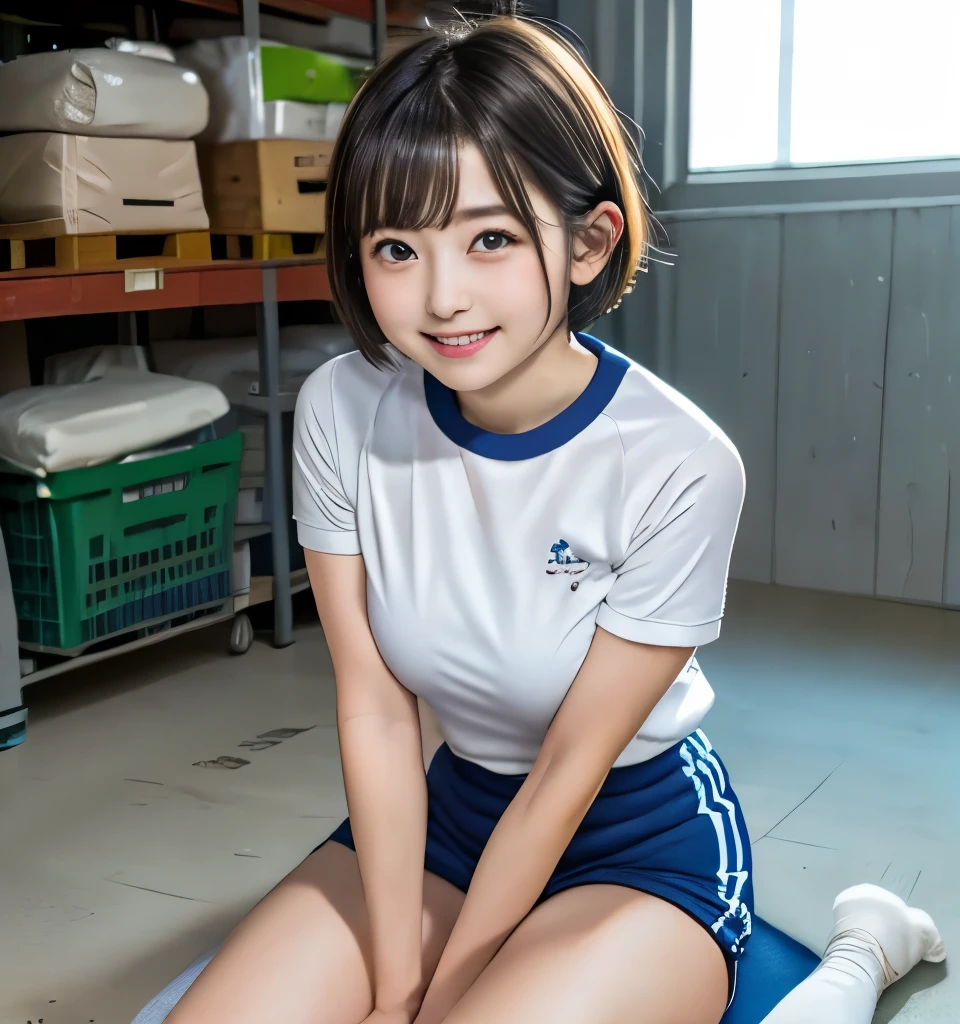 best quality 、8k、 super high definition 、 masterpiece 、Clear Photo、 Professional photo session lighting 、 RAW photo 、smile、( face orientation {x} very cute girl 、 beautiful girl、 Cute Yoda Yuki 、 the cutest in the world )、、 Small face 、 smile 、 big breasts、Ultra slim、 slender body、 Thin Waist 、 Beautiful Legs、( school gym clothes :1.8、Wear a small bloomer)、(Dimly lit gymnasium warehouse、 Sitting in a Jump Box 、Sit in front of the camera、 open leg )、 ( Very Short Hair :1.6)、 tea hair、( full body photo)