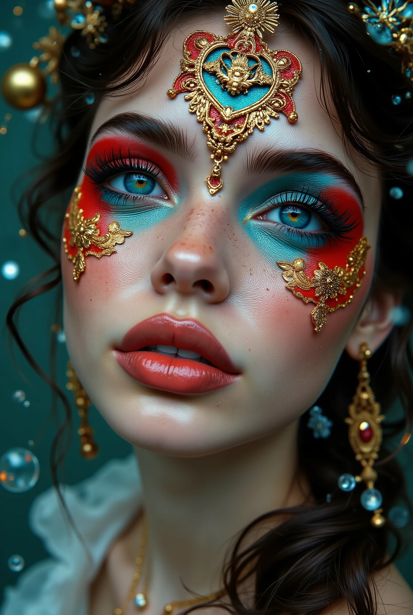 beautiful red, blue and gold makeup on a woman, in the style of venetian scenes, hyperrealistic sculptures, dark teal and white, aurorapunk
