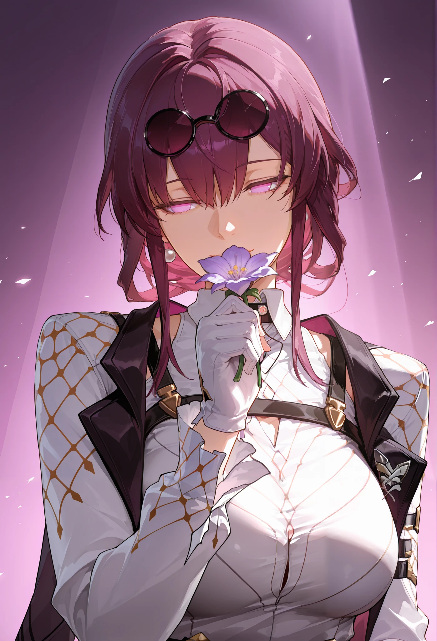 Kafka\(honkai star rail)\, kafka, kafka (honkai : start rail),masterpiece, best quality, good quality, very aesthetic, absurdres, newest, (detailed lighting, rendered, perfect hair, detailed face and body) , solo, mature female, 1girl,purple theme, cinematic composition, ultra-detailed, high-quality, photorealistic, extremely detailed CG unity, masterpiece, high quality, best quality, absurdres, 8k resolution, holding a big purple flower