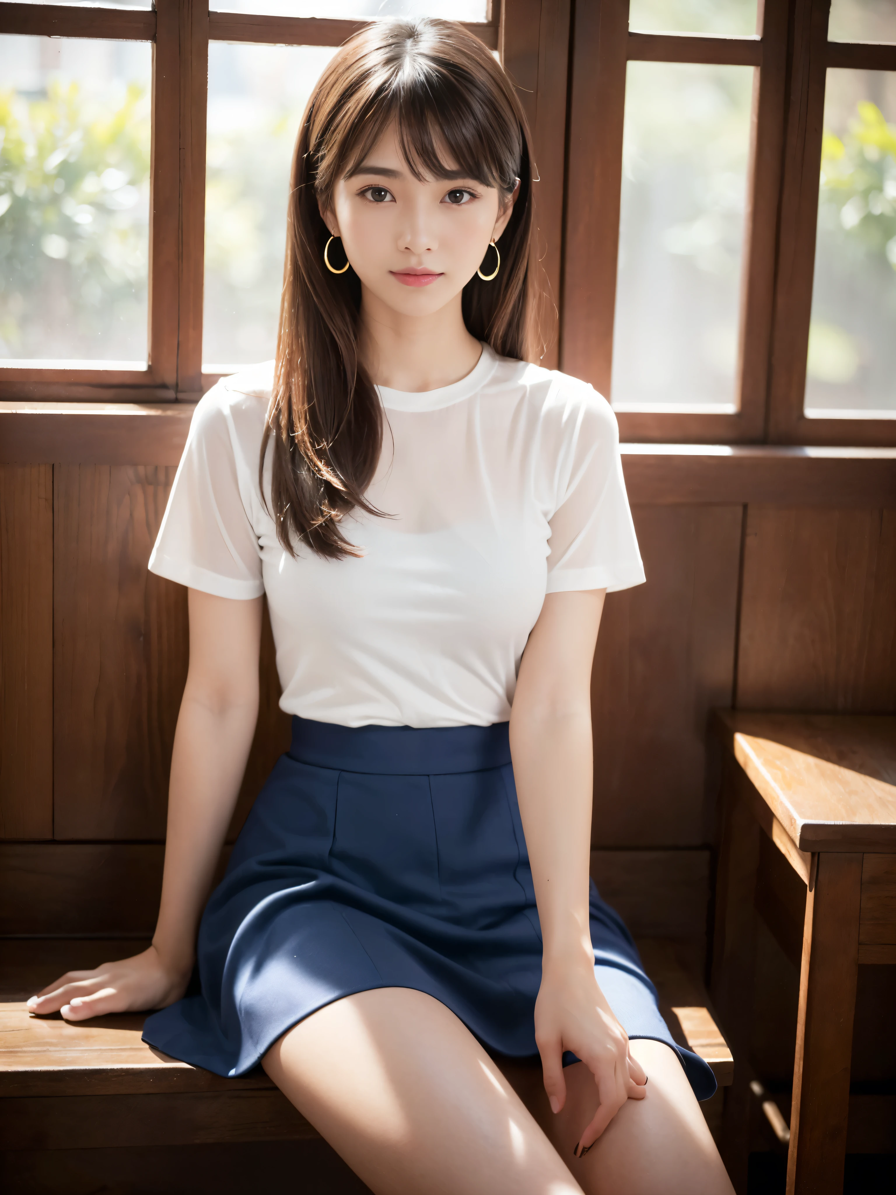((Best of the highest quality, 8k, Masterpiece: 1.3, raw photo)), Sharp focus: 1.2, (1 AESPA girl: 1.1), (Solo: 1.18), (realistic, photo-realistic:1.37), face focus, cute face, (Small breasts, flat chest, Thigh: 1.3), messy short hair, updo, (Girls' High School Uniforms:1.Wearing 3), cafe, books, flower, cinematic lighting,