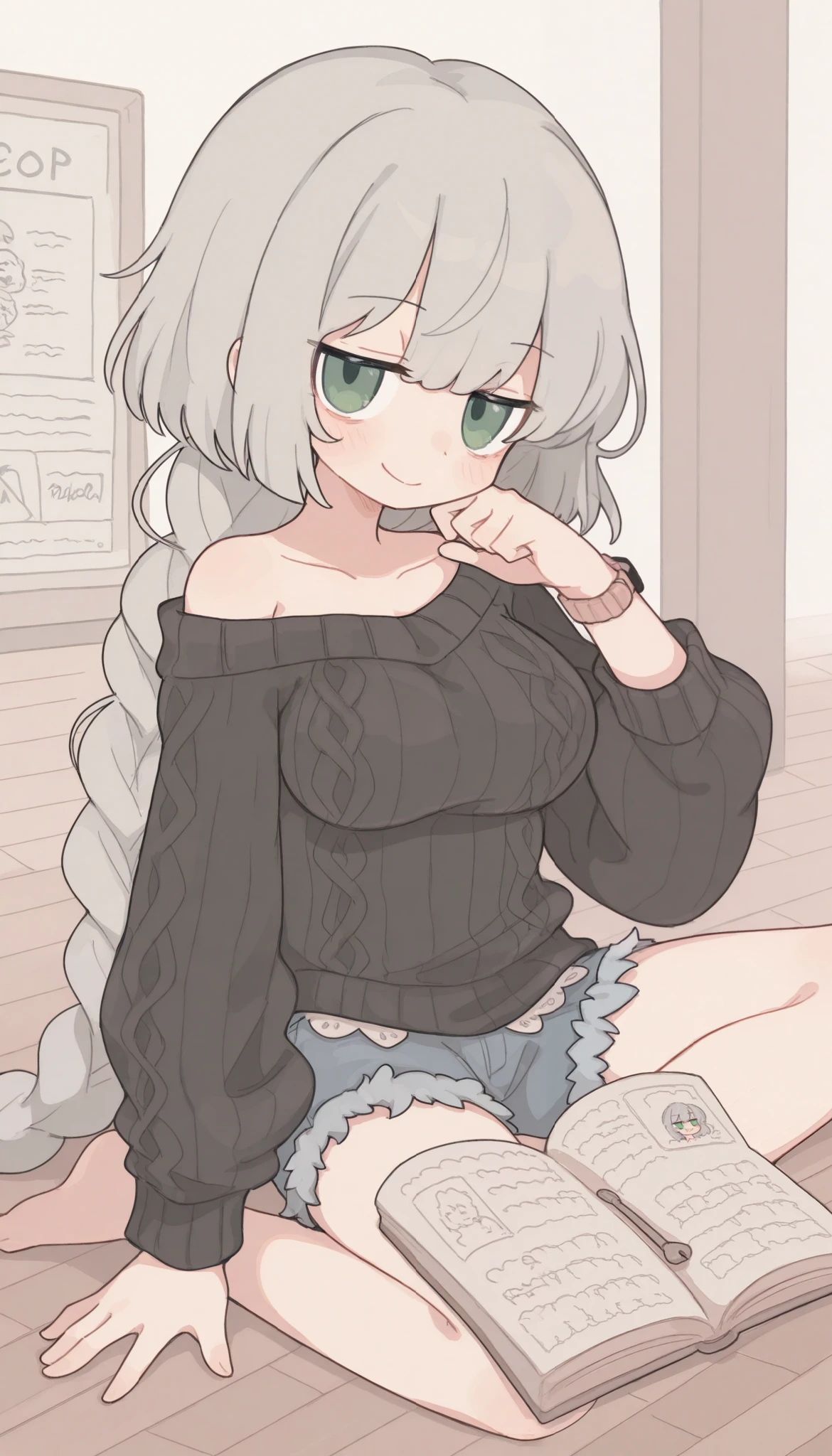 high resolution, Masterpiece, replaces an anatomically correct , Top Quality , One Girl , gray hair ,green eyes, long long braid hair , A-line bob cut , (jitome:1.4) , smile , big breasts, Watch Your Audience , off shoulder , sweater , damaged denim pants , sitting cross-legged on floor of bookshop , open book in lap, reading intently