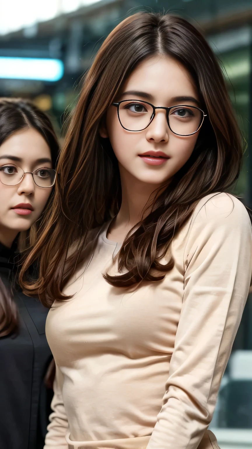 (8K、Raw photography、top-quality、​masterpiece:1.2)、(realisitic、Photorealsitic:1.37)、ultra-detailliert、超A high resolution、1人、see the beholder、beautifull detailed face、A smile、Constriction、(Slim waist) :1.3)、short-cut、Beautiful detailed skin、Skin Texture、Floating hair、Professional Lighting、Wait for the platform train、Black-rimmed square glasses 、Whole human body、Brown hair