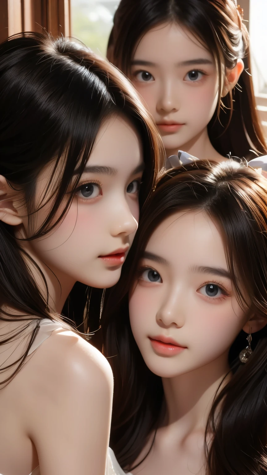((2girls)), looking at the camera, masterpiece, Best Quality, Illustration, Ultra-detailed, finely detail, hight resolution, 8K Wallpaper, Perfect dynamic composition, Beautiful detailed eyes , Sexy face, Face feeling ecstasy, Face at the peak of sexual arousal, standing side by side, transparent loose gown, black hair, perfect slim body, hair ornament, same tall,
