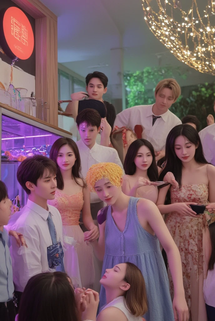 People stood around a table,Drinks and drinks are laid out in front of you, dancing in the background, everyone having fun, mu pan, jinyiwei, 2019 trending photo, people dancing in background, 😭 🤮 💕 🎀, author:Yan Hui, 🌻🎹🎼, Chiba Yuda, yanjun cheng