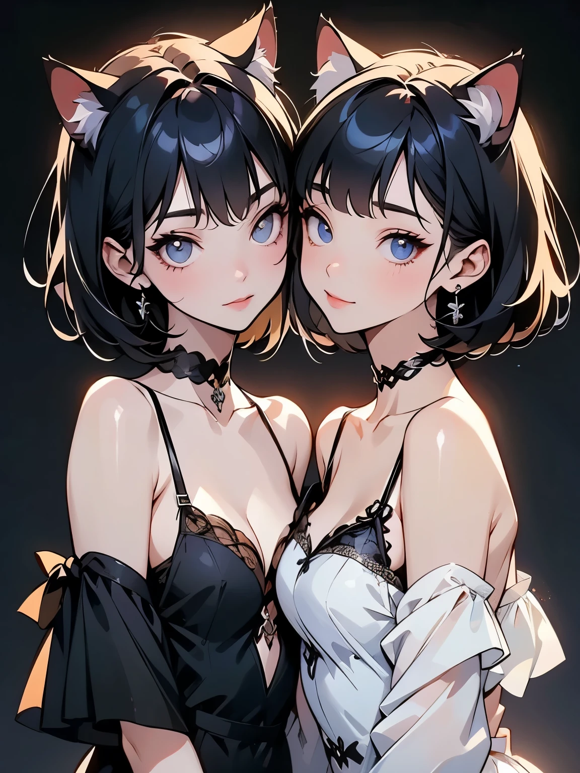 ( two girls :1.2)、whole body、( Gothic World Tea Party :1.2)、( gothic fashion :1.2)、( they're kissing each other )、 ( depict cute faces in detail )、 black hair、 short hair while on a business trip、 semi-long、 bob cut、 bangs、 hair ornament 、(Cat ears)、 black cat costume、 White cat costume 、 choker 、( lingerie)、 off shoulder 、 sexy mini dress、, , , charming smile、 small breasts、 soft focus、 cinematic lights 、Soft light、 ( simple background)、( dark background )、(( Use a plain background ))、4K Anime Art、( best quality , Masterpiece, high resolution)、