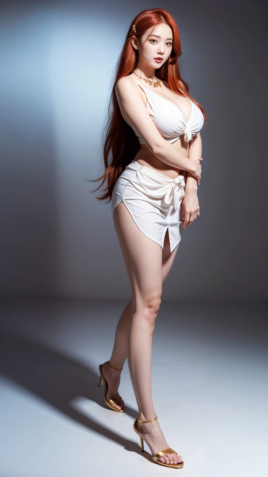 a beautiful woman, smiling, natural breasts, messy bun hair, A busty women, korean idol, model, slender body, flowy red hair, glossy lips, braless, saggy breasts, long legs, casual red lace lingerie suit with stocking, high heels, stilettos, (photo session at photo studio, white backdrop background), standing and open legs, seductive poses, sexy, hot, dynamic lighting, cinematic, film gain, , (standing and open legs, front view), detailed face, realistic, photo realistic, at large mall, indoor, potrait photo, potrait,