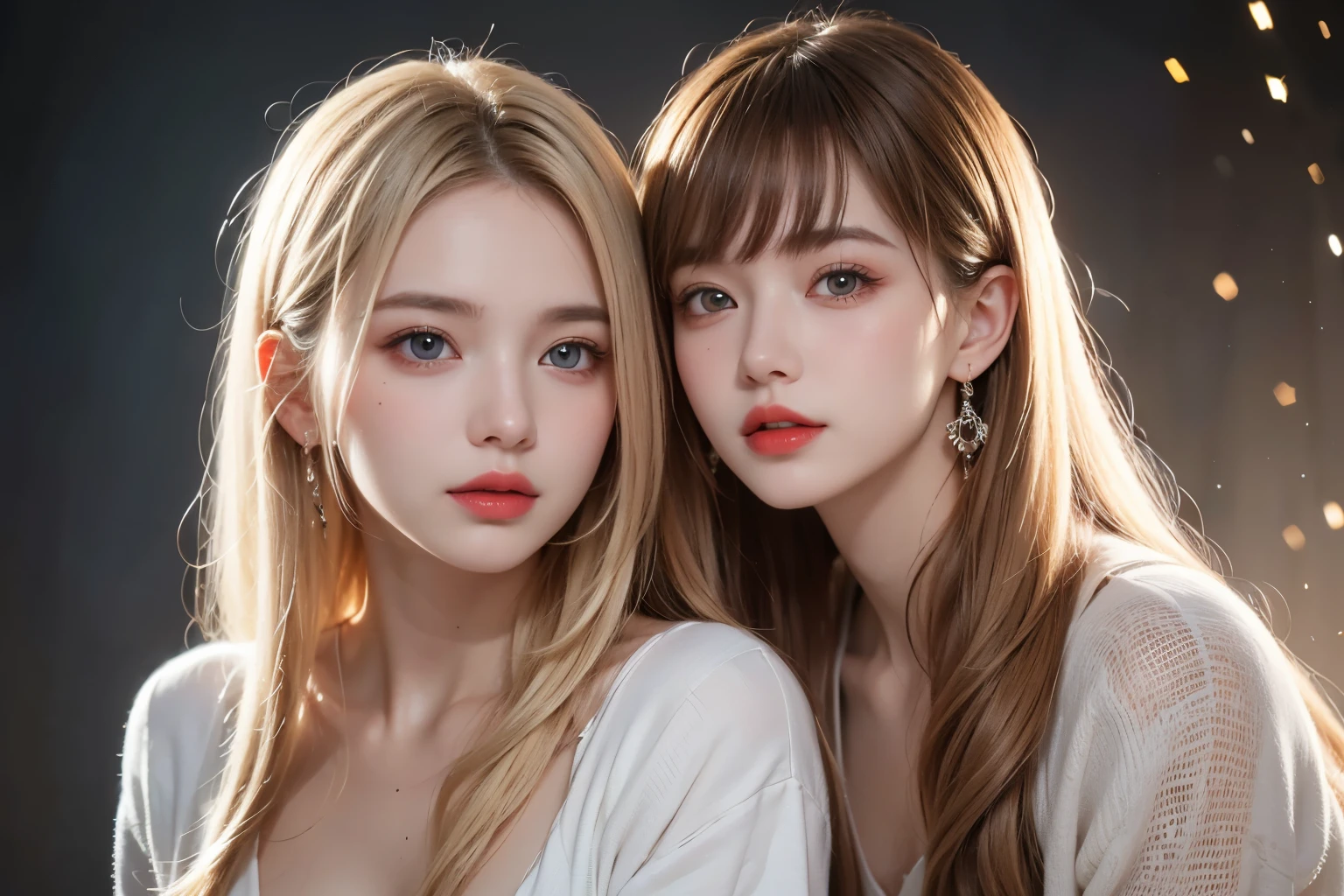(Best quality,8k,high resolution,masterpiece:1.2)，Digital Artwork，A girl，Delicate face，Delicate eyes，Mi blonde hair，Long straight hair，shiny blue eyes，Red lips，particle，dust，Warm colors，shy，in love，Eevee drawing，Men&#39;s white collar shirt，necklace，Pretty Face，Large Breasts，more than_Body，Tyndall effect，lifelike，Dark Studio，(HD Skin:1.2)，8k Ultra HD，Soft Light，high quality，Edge lighting，Two-color lighting，Volumetric Lighting，frank，Professional photography，超high resolution，8k，Bokeh，Shallow depth of field，Film photos