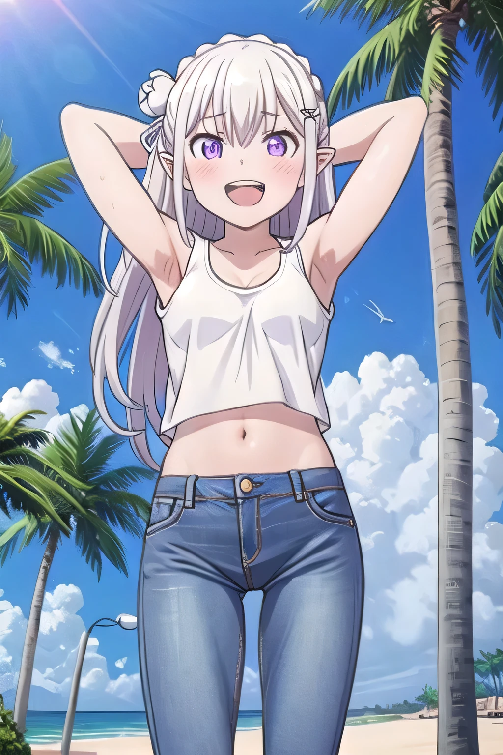 masterpiece,best quality,ultra detail, ((Perfect Face, Perfect Arms, Perfect hands, Perfect Fingers)), 1girl, , peti ((round face, ecstasy, orgasm face, drooping eyes, shame smiling, blush)), dropping eyes, sleepy, Open mouth, ((White teeth)), background((under the beach, (day:1.2), palm tree, bright sky)), emilia, braid, crown braid, flower, hair flower, hair ornament, hair ribbon, long hair, pointy ears, (purple eyes:1.2), white hair, x hair ornament, ((arms behind head, hands behind head, fingers behind head)), contrapposto, spread armpits, looking at viewer,, (white tank top:1.2), (white crop top:1.2), (jeans pants:1.2, flares jeans:1.2, skinny jeans:1.2, blue jeans:1.2), standing, (legs spread:1.4), sex pose, Sweaty crotch, Steam from the crotch, from below, ((full medium body))