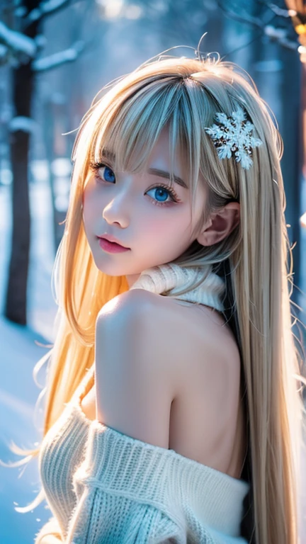 () ,girl、(brown mickey ears headband)。(Random Nudes)，Exhibitionism，((Random exposure of genitals))。　Beautiful areola。Small breasts. Thin Hair。(On a snow-covered mountain). Detailed and complex background。((Light blonde hair))。(Round face). ((Super long hair)). Heavy bangs. Idol&#39;s face. Put your arms behind your head, 