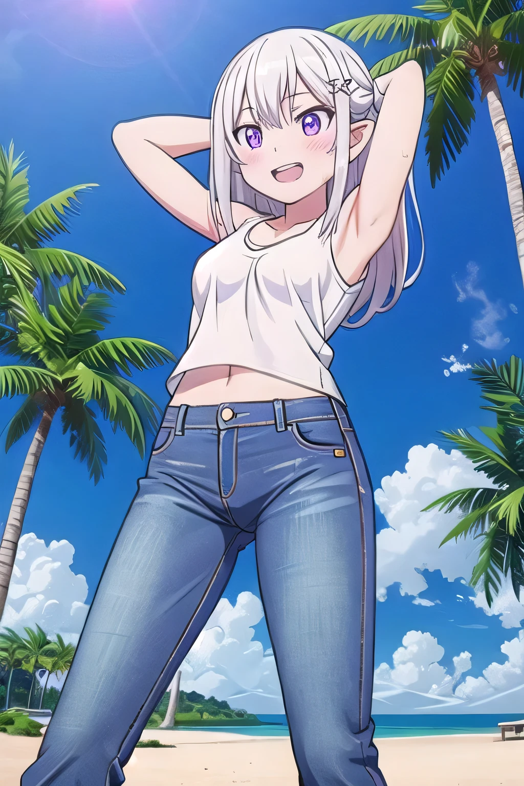 masterpiece,best quality,ultra detail, ((Perfect Face, Perfect Arms, Perfect hands, Perfect Fingers)), 1girl, , peti ((round face, ecstasy, orgasm face, drooping eyes, shame smiling, blush)), dropping eyes, sleepy, Open mouth, ((White teeth)), background((under the beach, (day:1.2), palm tree, bright sky)), emilia, braid, crown braid, flower, hair flower, hair ornament, hair ribbon, long hair, pointy ears, (purple eyes:1.2), white hair, x hair ornament, ((arms behind head, hands behind head, fingers behind head)), contrapposto, spread armpits, looking at viewer,, (white tank top:1.2), (white crop top:1.2), (jeans pants:1.2, flares jeans:1.2, skinny jeans:1.2, blue jeans:1.2), standing, (legs spread:1.4), sex pose, Sweaty crotch, Steam from the crotch, from below, ((full medium body))