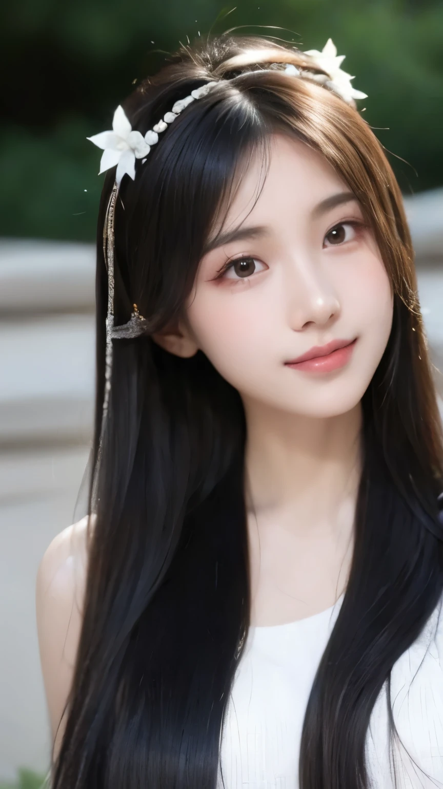 best quality, masterpiece, ultra high resolution, lifelike, ( Panorama :1.5), (1 Girl),(long hair),(hair accessories:1.4),There is an ancient palace next to the girl whole body black silk,Black stockings sharp focus, Good shape, whole body，Random pose reference, Single eyelid eyes, high nose bridge、Pointed nose, V-shaped face, pale skin, Smile, bokeh
