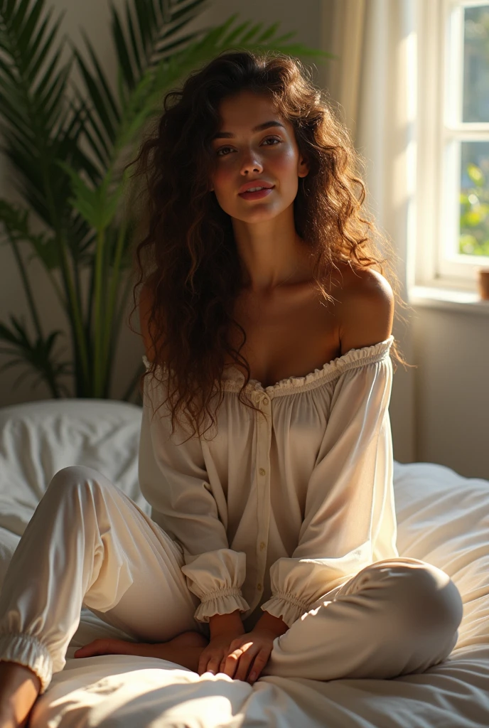 (photorealism:1.2), beautiful woman, sitting on bed, wearing loose off-shoulder top, pajama pants, long curly hair, indoors, soft lighting, plants in background, window with sunlight, cozy room, relaxed pose, realistic, intricate details, warm colors, by Greg Rutkowski, by Alphonse Mucha