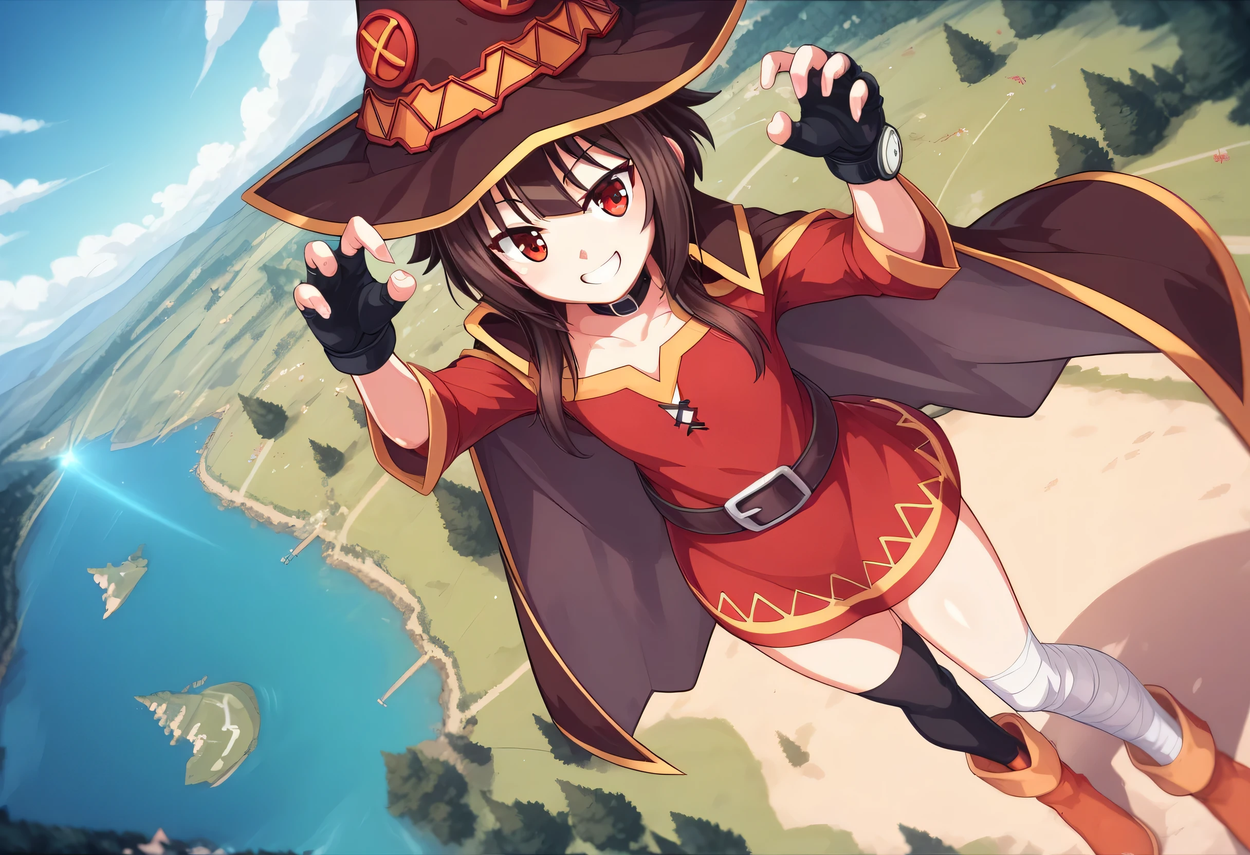 1 girl, Megumin, smile、 Red Eyes, Short hair to long hair, tea hair, red dress, black choker, fingerless gloves , belt, black gloves, Single Knee High , black knee-highs, Bandaged legs , boots, color, Cape, witch hat , rabbit pose 、 perspective, Watch Your Audience, lake、 dynamic pose, arched back , standing, from above, Dutch angle, Outdoors, null, colorful, shiny skin with s, Masterpiece, best quality , great quality, very aesthetic, Dumb , up to date, scenery, ( volumetric lighting:1.1), allows depth of field
