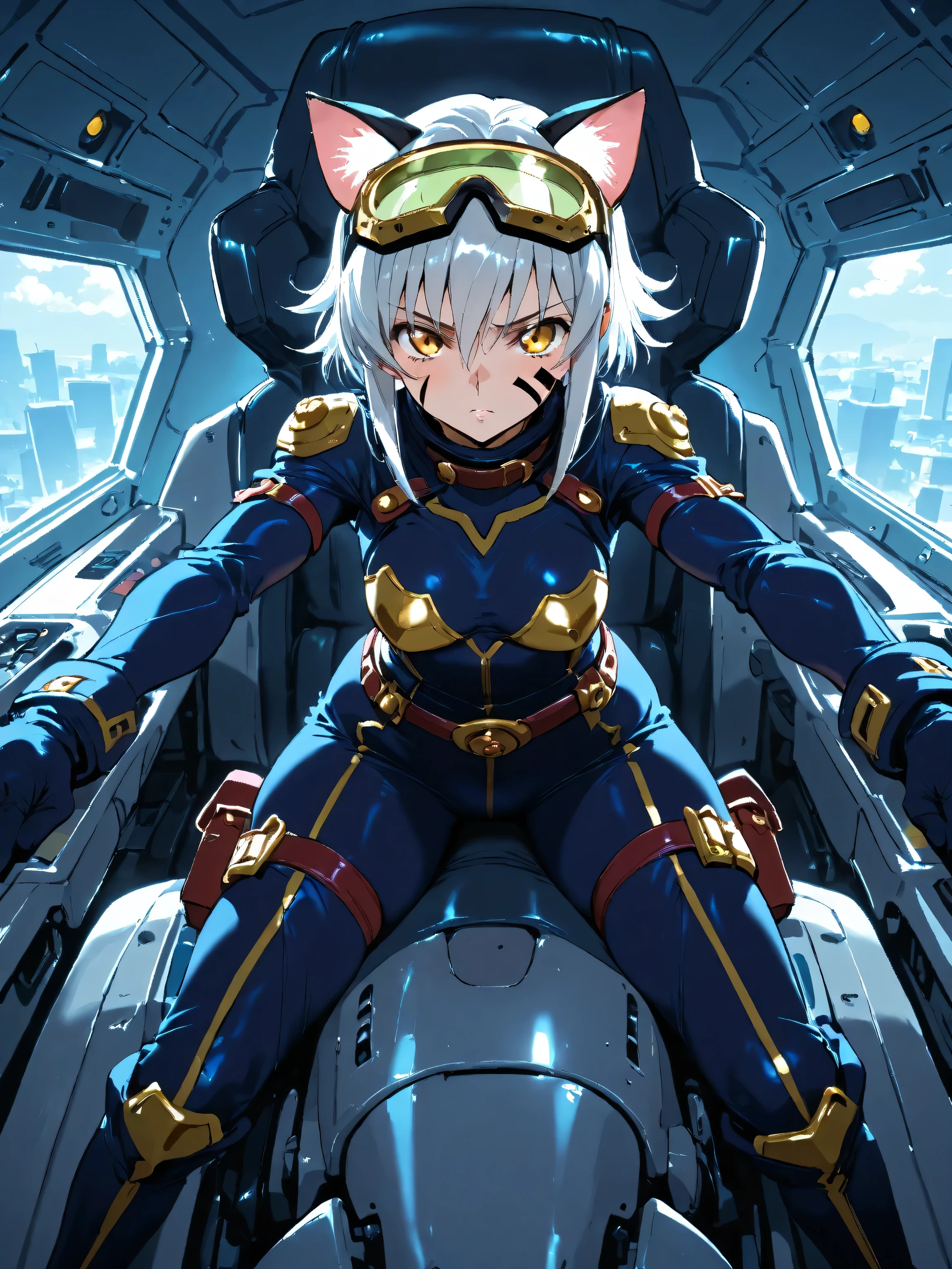 1girl , full body shot, Code Geass Lelouch of the Rebellion, pilot suit, robot cockpit, ,Geass mark in the eyes , best quality , (Coexistence of Cat Ears and Goggles, head goggles:1.2)、Masterpiece , hair ornament , Shining Eyes,Strong eyes, (Long silver hair, yellow eyes), (Cat ears、Women in the World Always Have glass and Cat Ears :1.3), ( Wear Fine Gold Goggle-shaped glass on face :1.4), Jojo pose, dynamic angle