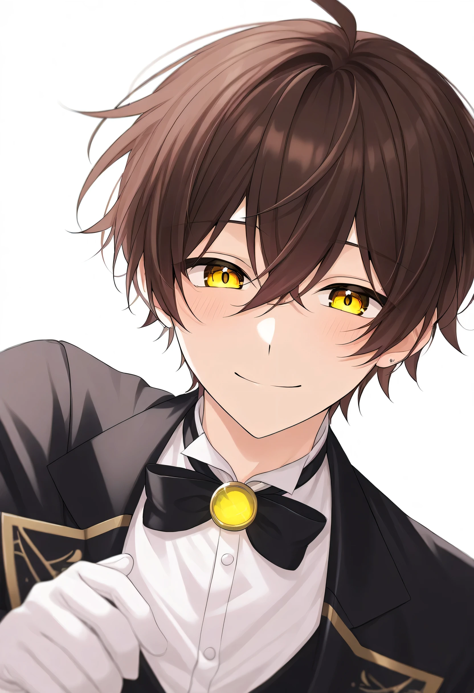 The only man、 Brown Hair、 yellow eyes、Butler、 kind、 handsome、 white background 、delicate、smile、Lovestruck、Alone、anime、 animeシーン