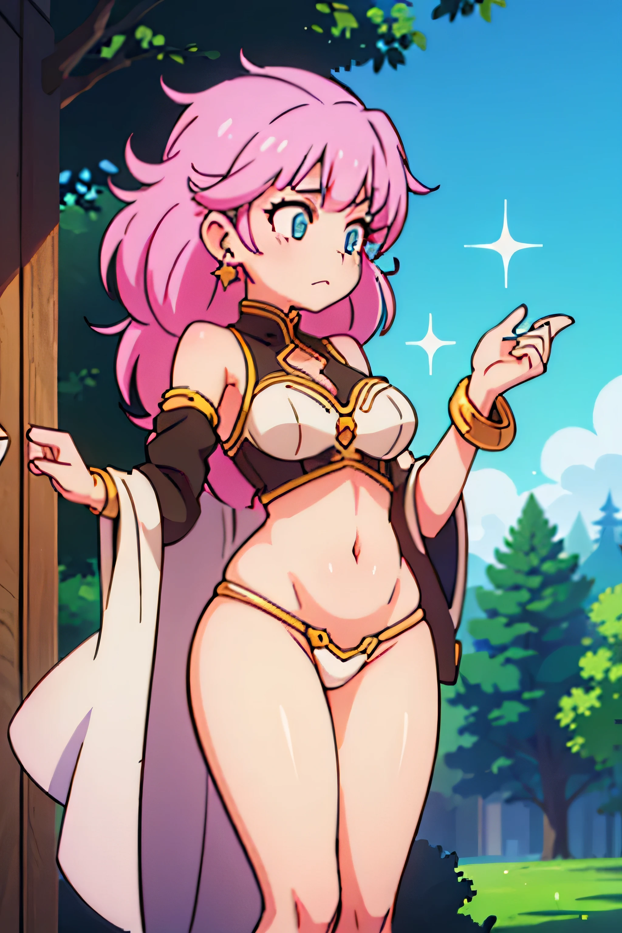 Waterfalls  High level image quality　best image quality　8K　 adult woman   background  a lake in the middle of jungle outside  more colors   whole body view　portrait　wearing deep pink bikini   　pink horn    ears  　short hair（（shortcut）（gray hair）（perm）（fluffy））　eye color is blue ,  , 　attractive evil face , smile   ,  sexy pose   ,  labrynth ,  barearm   , both arms up the head , wearing pink     , standing    ,