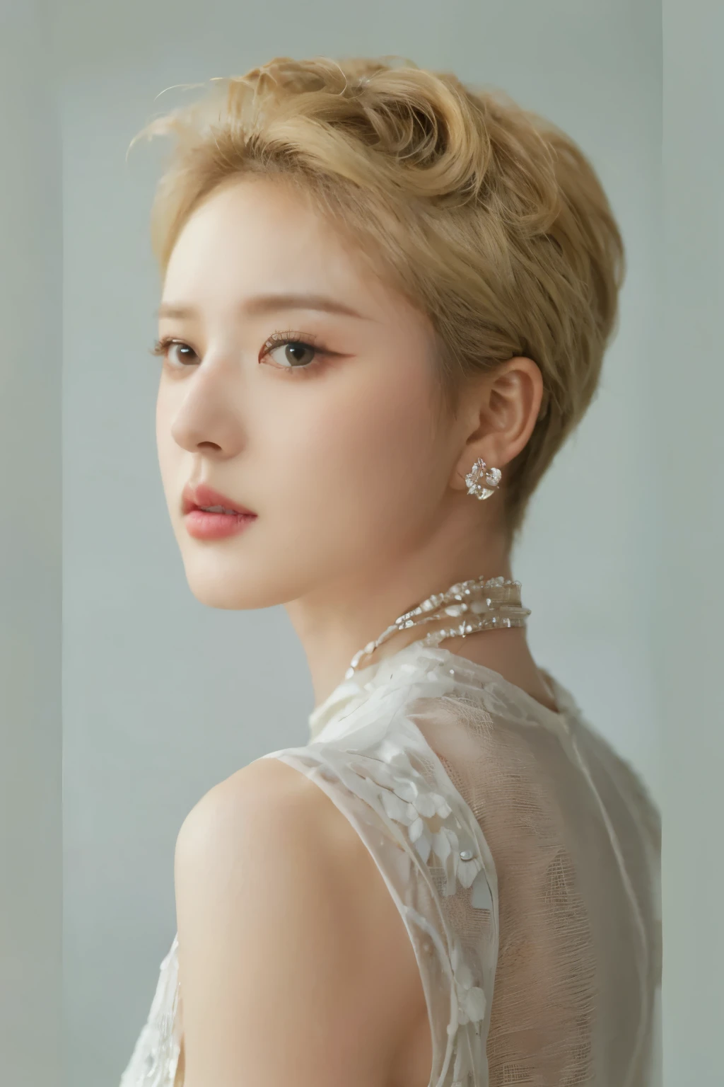 A close up of a woman with a white dress and a necklace - SeaArt AI