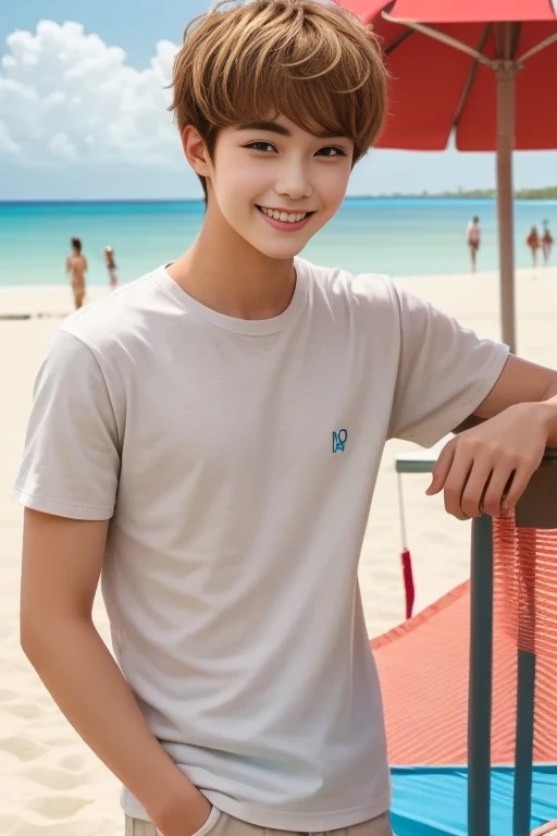 (As a matter of fact, Masterpiece, 8k HD, good light quality, sportswear, fit the face, complicated details), Handsome Korean young man, 20 years old, be happy, smile brightly, detailed face, delicate eyes, มองดูsky, Wear casual clothes, period, black eyes, Black hair color, ผมsmooth, smooth, outdoor sports, By the sea, Sunny,sky,Surreal,Awesome details,Highest quality,real,