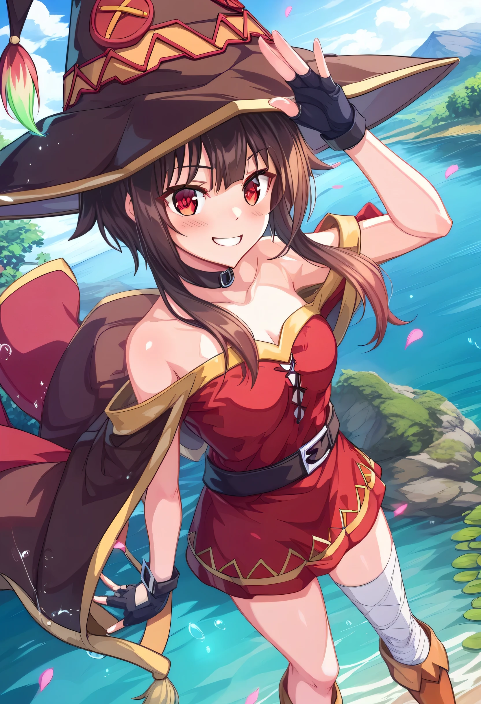 1 girl、Megumin、smile、 red eyes、 long hair short hair 、 tea hair、 red dress、 black choker、Fingerless gloves、belt、 black gloves、Single knee-high、 black knee height 、 bandaged legs 、 boots、color、Cape、 witch hat、 rabbit pose 、perspective、 watch the audience、lake、 dynamic pose、Arched back、 standing、 from above、 Dutch Angle 、Outdoors、null、 colorful、Accepts shiny skin and 、 masterpiece、 best quality 、 great quality、 very aesthetic、dam、Latest、 Scenery、( Volumetric Lighting :1.1)、 depth of field