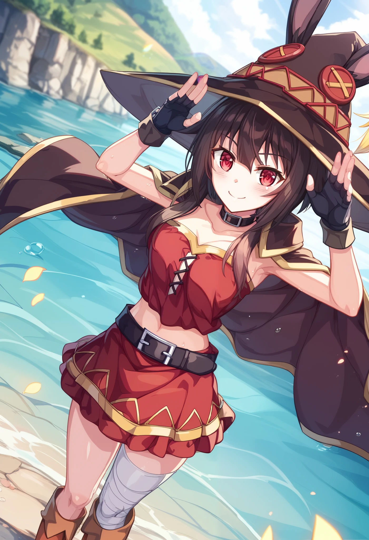 1 girl、Megumin、smile、 red eyes、 long hair short hair 、 tea hair、 red dress、 black choker、Fingerless gloves、belt、 black gloves、 single knee high 、 black knee height 、 bandaged legs 、 boots、color、Cape、 witch hat、 rabbit pose 、perspective、 watch the audience、lake、 dynamic pose、Arched back、 standing、 from above、 Dutch Angle 、Outdoors、null、 colorful、Accepts shiny skin and 、 masterpiece、 best quality 、 great quality、 very aesthetic、dam、Latest、 Scenery、( Volumetric Lighting :1.1)、 depth of field