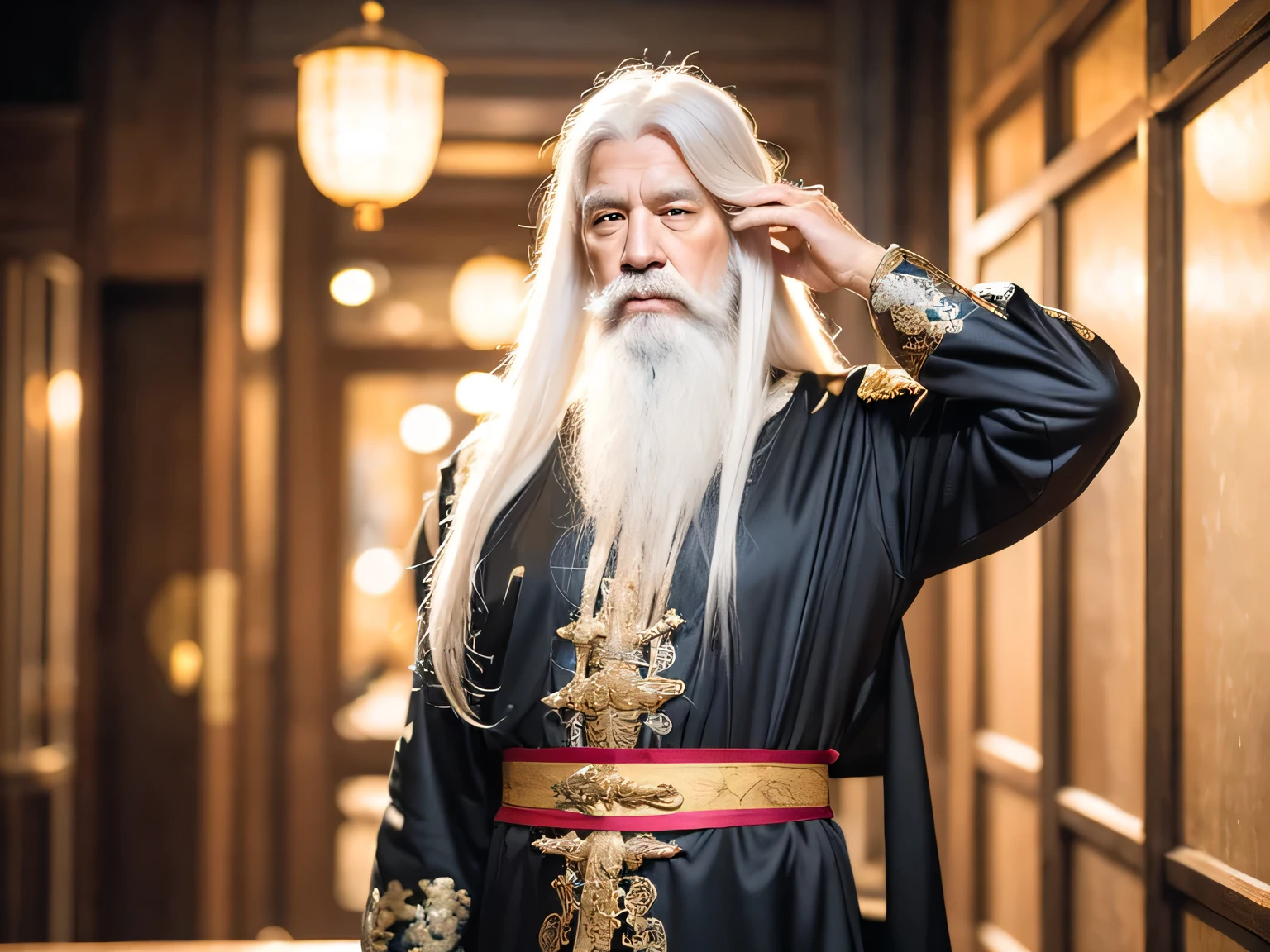 Long white hair, Image of a man with a hairpin on his head, hair tie , Long white hair and beard , White-haired god, long white beard , Taoism , long white hair รายละเอียด, long white hair , Cloud-white hair , , white hair and a white beard , full body model, Two hands behind. , . The eyes look with contempt , Antique Chinese dress in gold , with a golden cage floating behind , High Res Image , Chinese old man