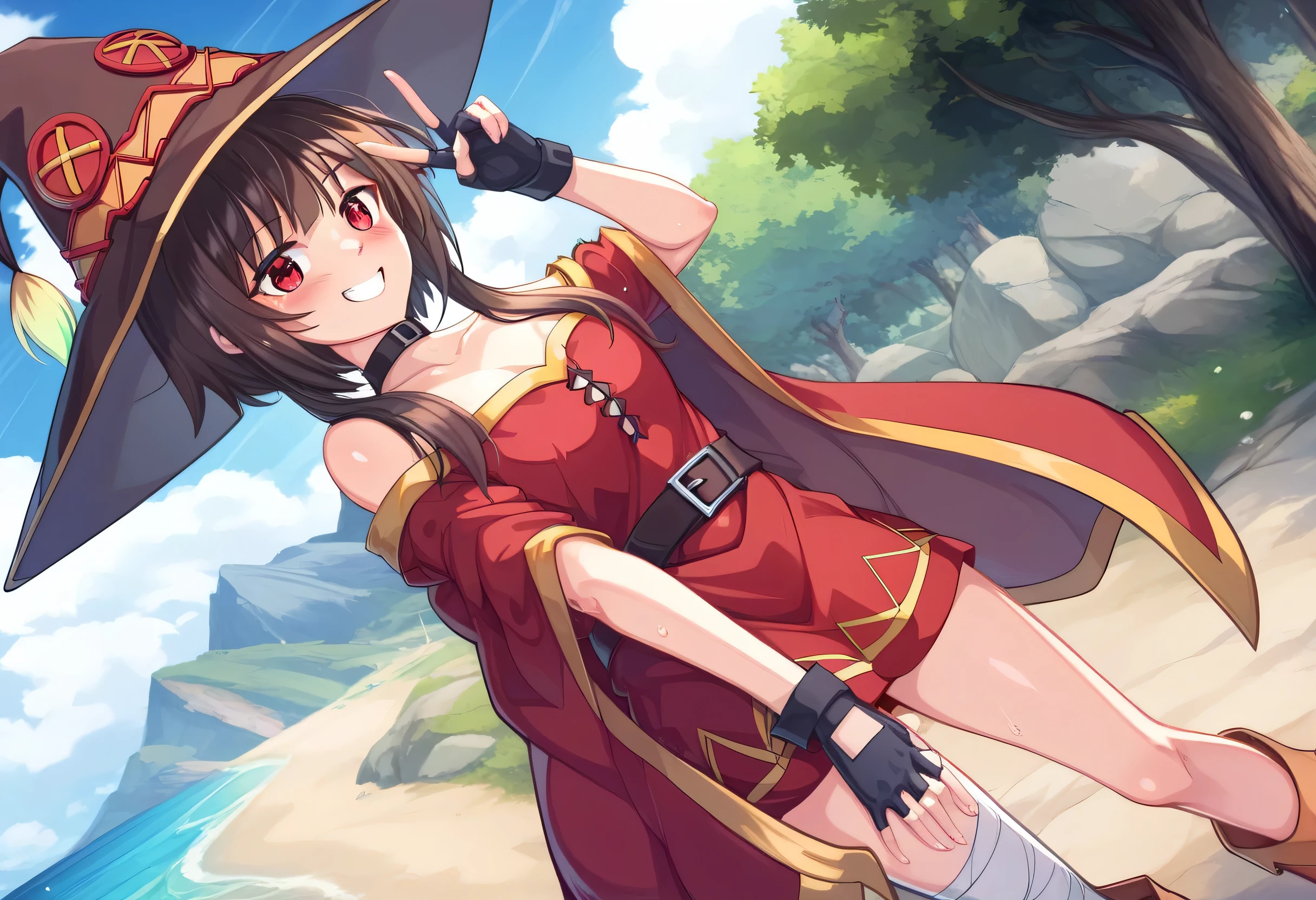 1 girl 、Megumin、Red smile 、 C size chest 、eye、 long hair short hair 、 tea hair、 red dress、 black choker、Fingerless gloves、belt、 black gloves、Single knee-high、 black knee height 、 bandaged legs 、 boots、color、Cape、 witch hat、 rabbit pose 、 Proximity Method、 watching viewers 、grassland、At the top of the mountain、 dynamic pose、Arched back、 standing、 from above、 Dutch Angle 、 Outdoors 、 ãã©ã¹ 、 null、 colorful、 shiny skin 、 masterpiece、 best quality 、 Great quality、 very aesthetic、dam 、 up to date、 Scenery、 ( Volumetric Lighting :1.1 )、 allows depth of field