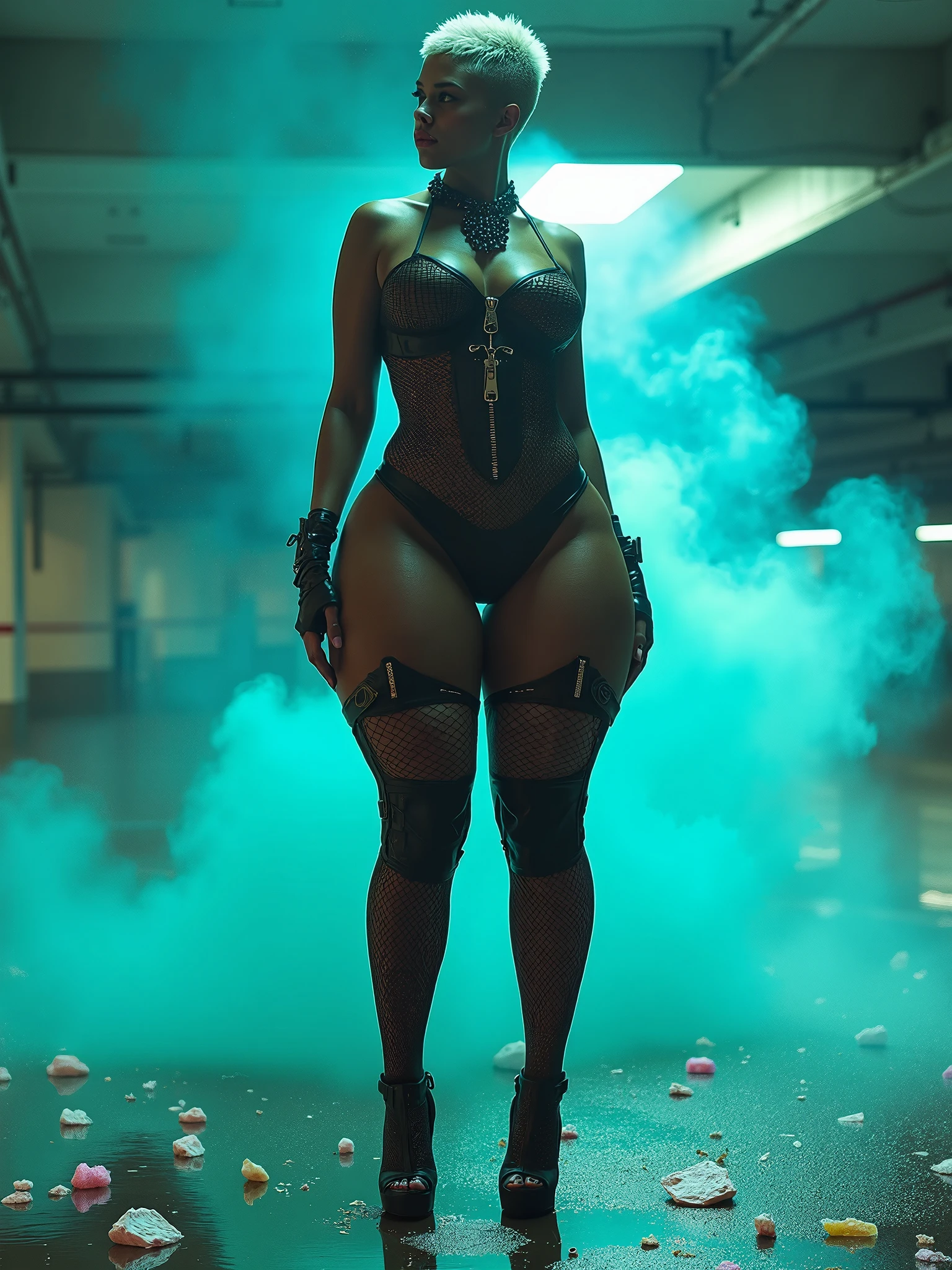 Ebony black lady with big booty arched with full body tattos and a blunt in hand hyper realistic 