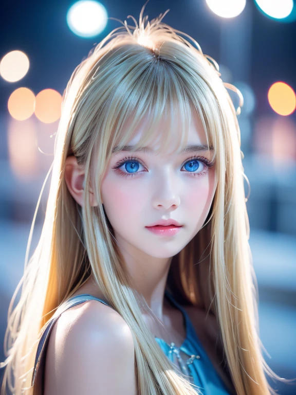 One beautiful girl、Portrait、、blue sky、Bright and very beautiful face、young, Very white shiny skin、The best beauty、Super long blonde hair with dazzling light reflections、Beautiful natural platinum blonde super long silky straight hair、long bangs between the eyes,、Extraordinarily beautiful 15-year-old、Large, shining, clear, light blue eyes、Very big eyes、Small Face Girl、round face、Cheek gloss highlight
